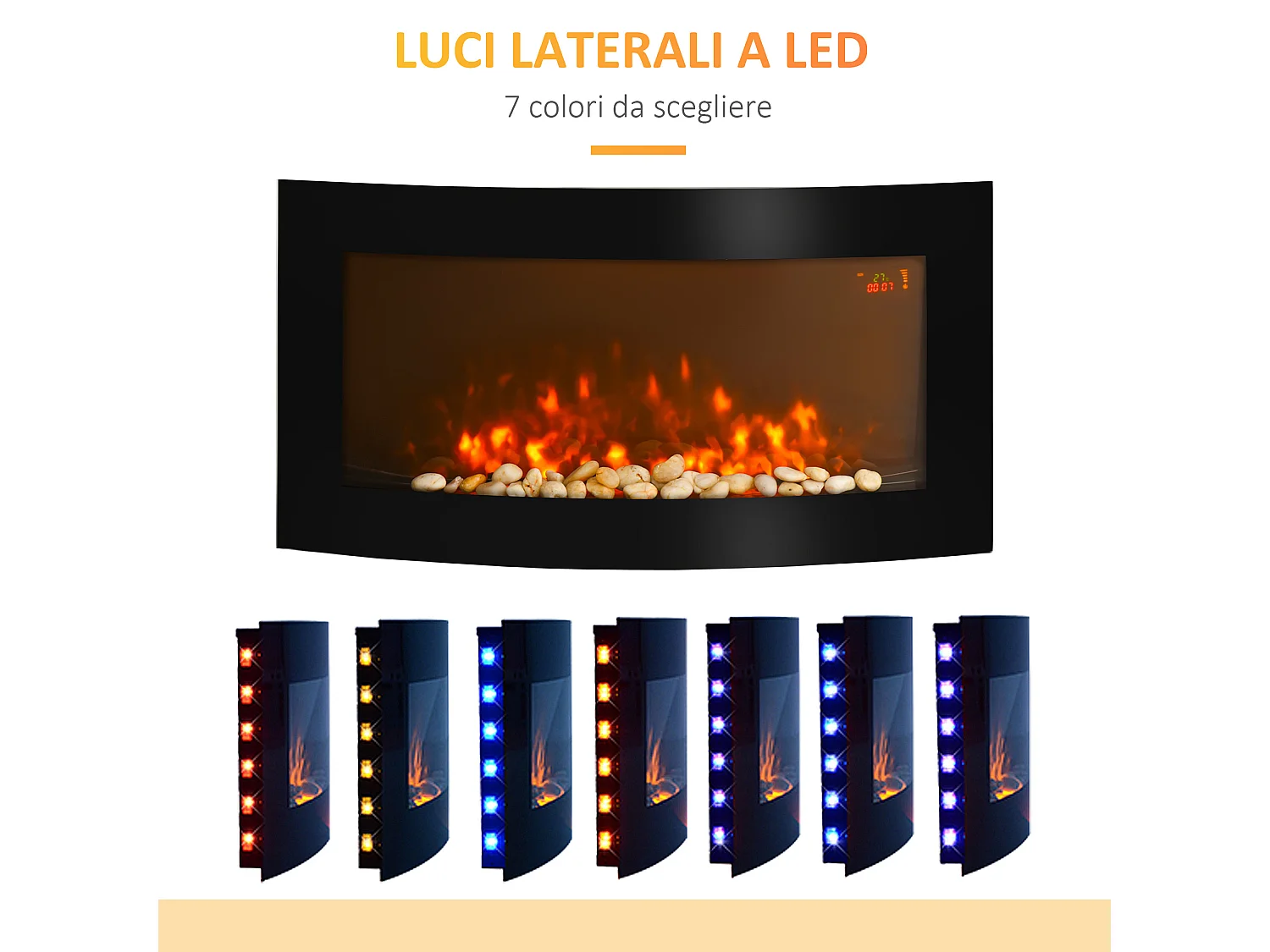 Camino elettrico con luce led 7 colori potenza 1000/2000W nero