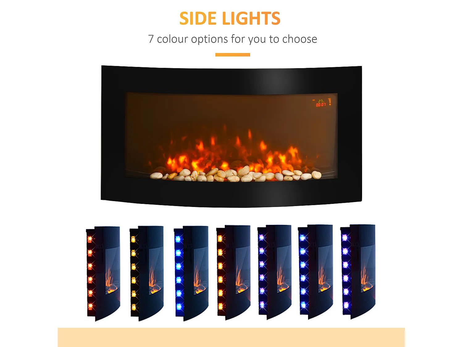 Camino elettrico con luce led 7 colori potenza 1000/2000W nero