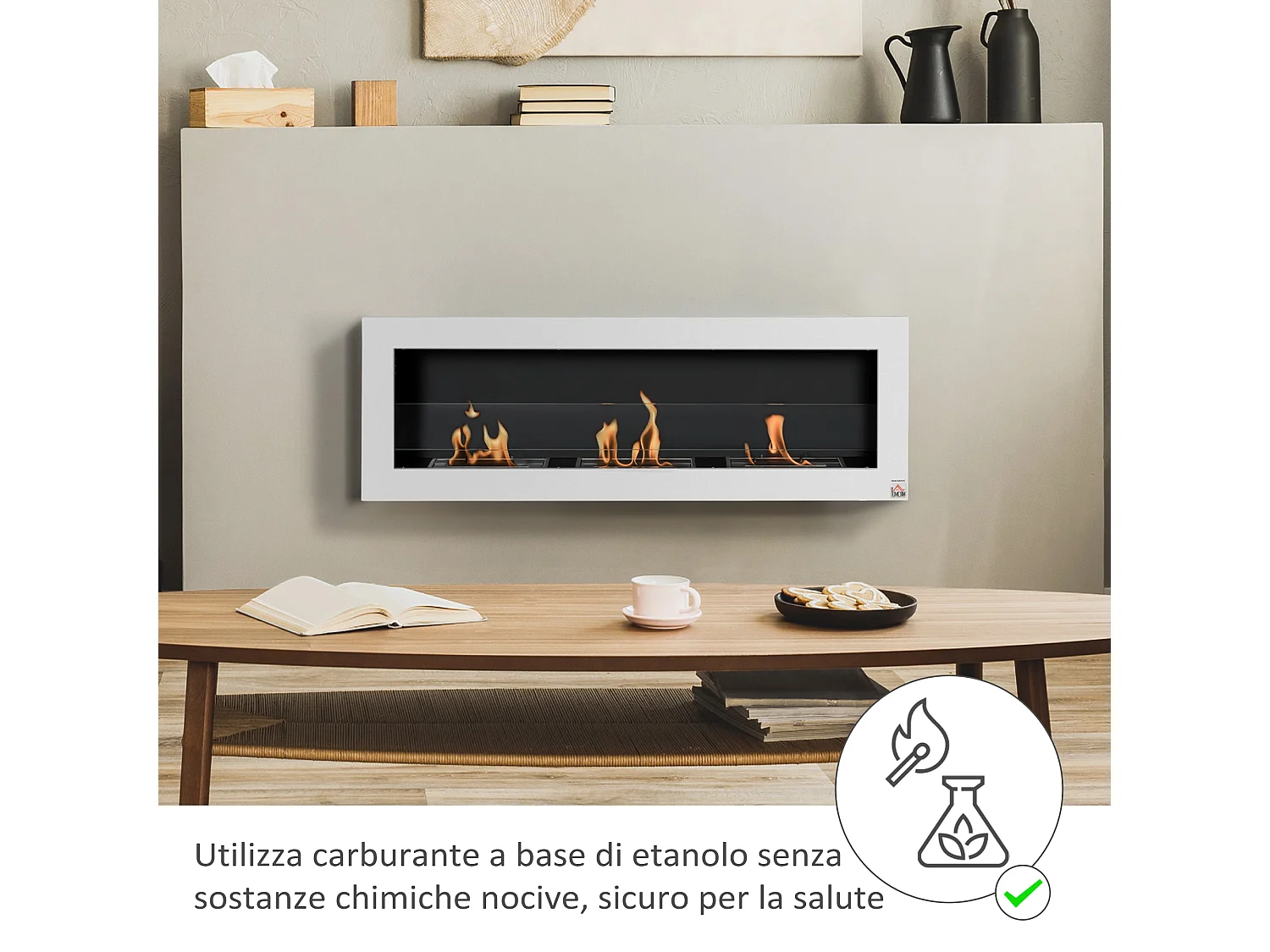 Camino a bioetanolo da parete con 3 serbatoi da 1l bianco