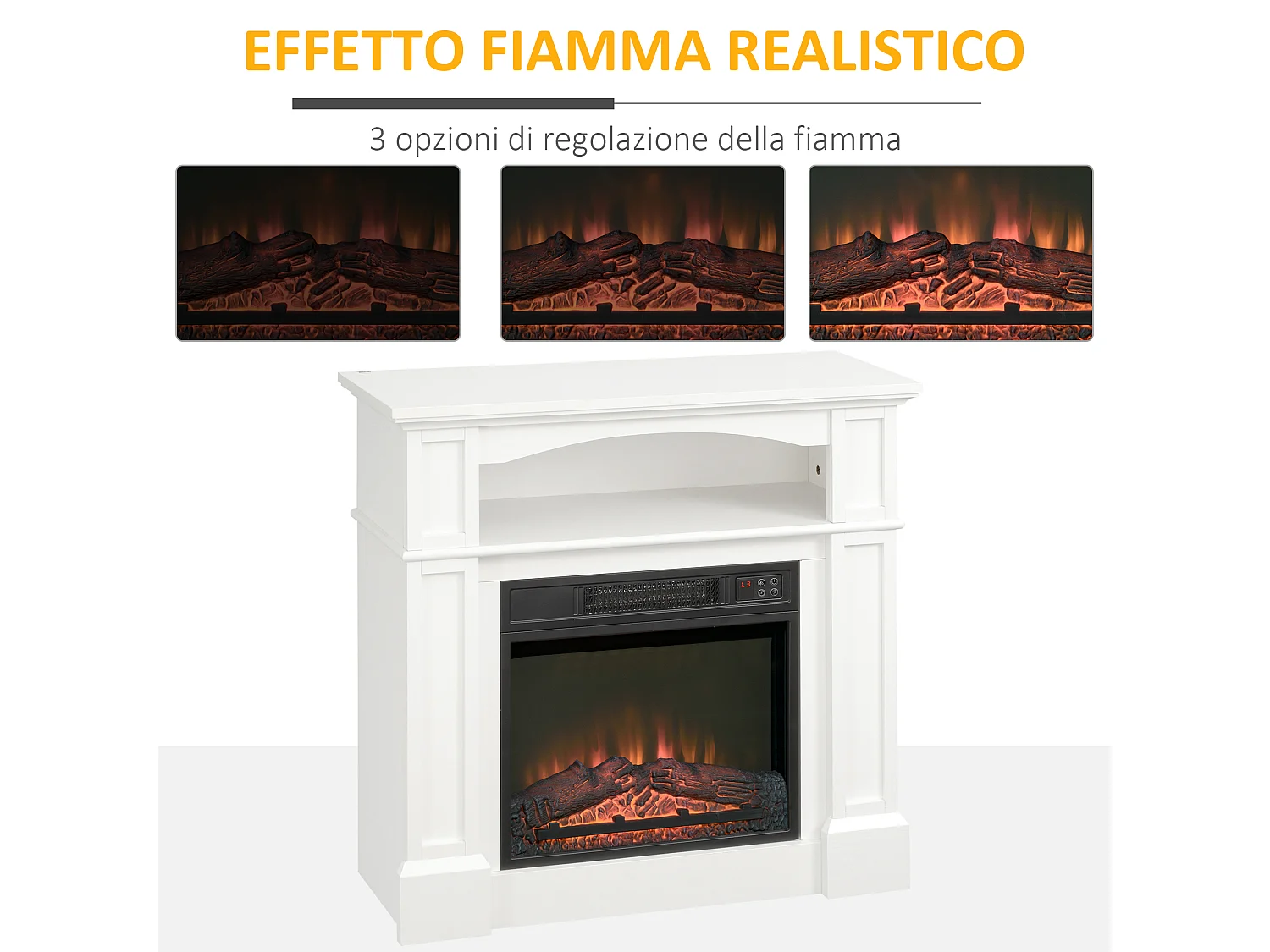 Camino elettrico con effetto fiamma telecomando e timer bianco