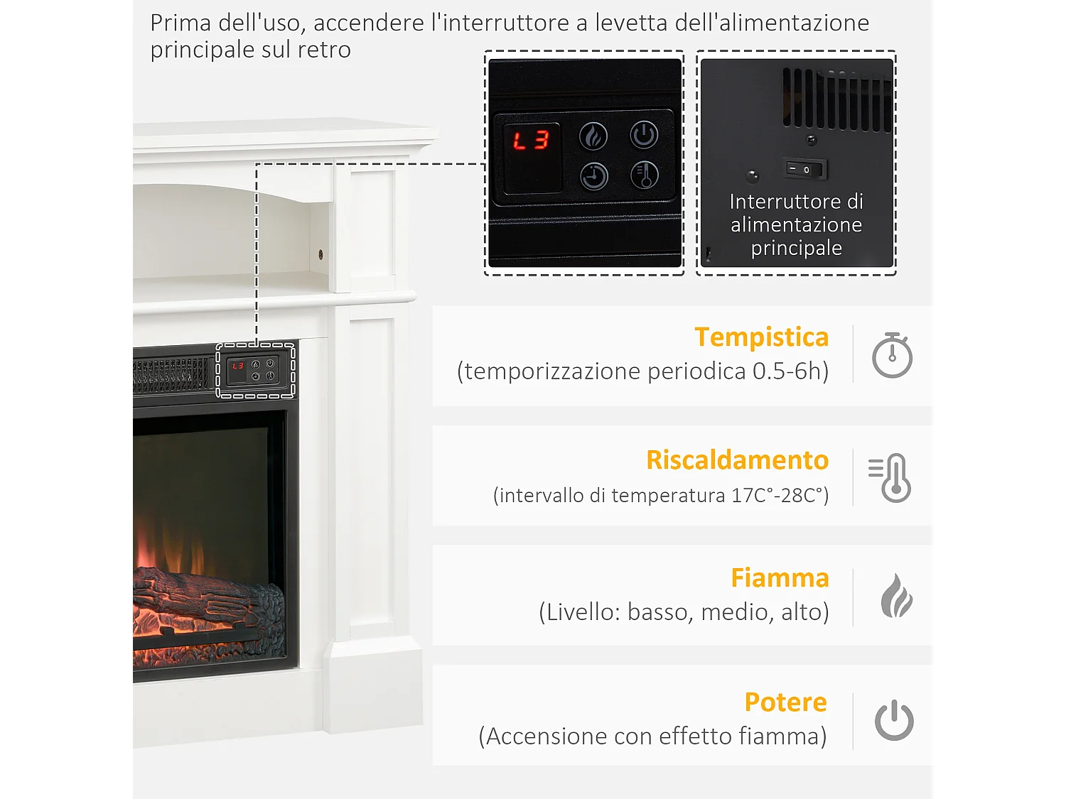 Camino elettrico con effetto fiamma telecomando e timer bianco