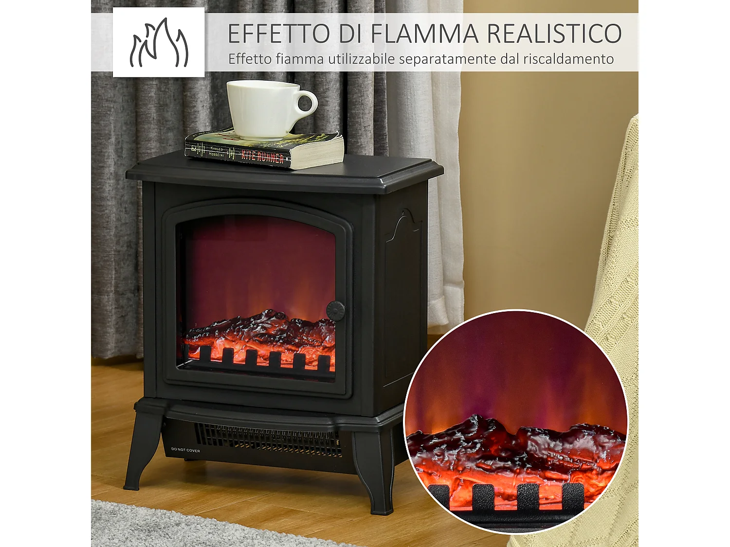 Camino elettrico portatile 1000W/2000w in abs e vetro nero