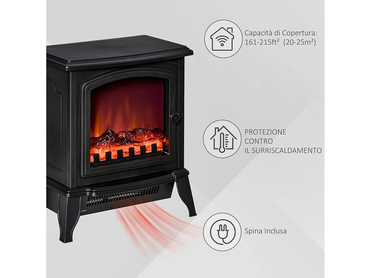 Camino elettrico portatile 1000W/2000w in abs e vetro nero