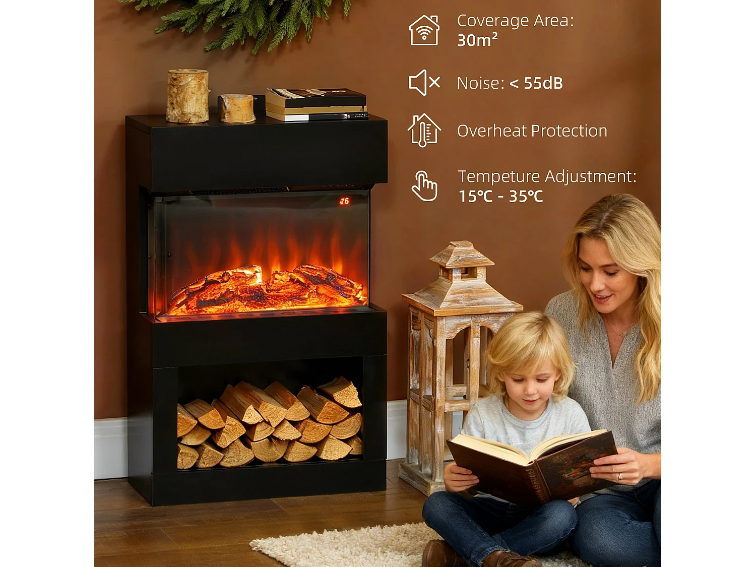 Camino elettrico con effetto fiamma colorata e telecomando nero