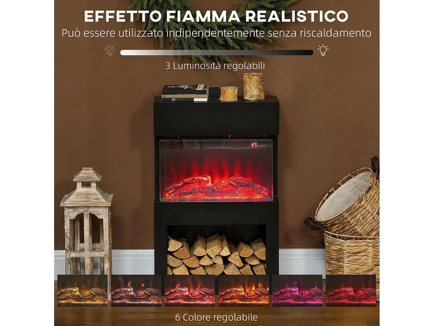 Camino elettrico con effetto fiamma colorata e telecomando nero