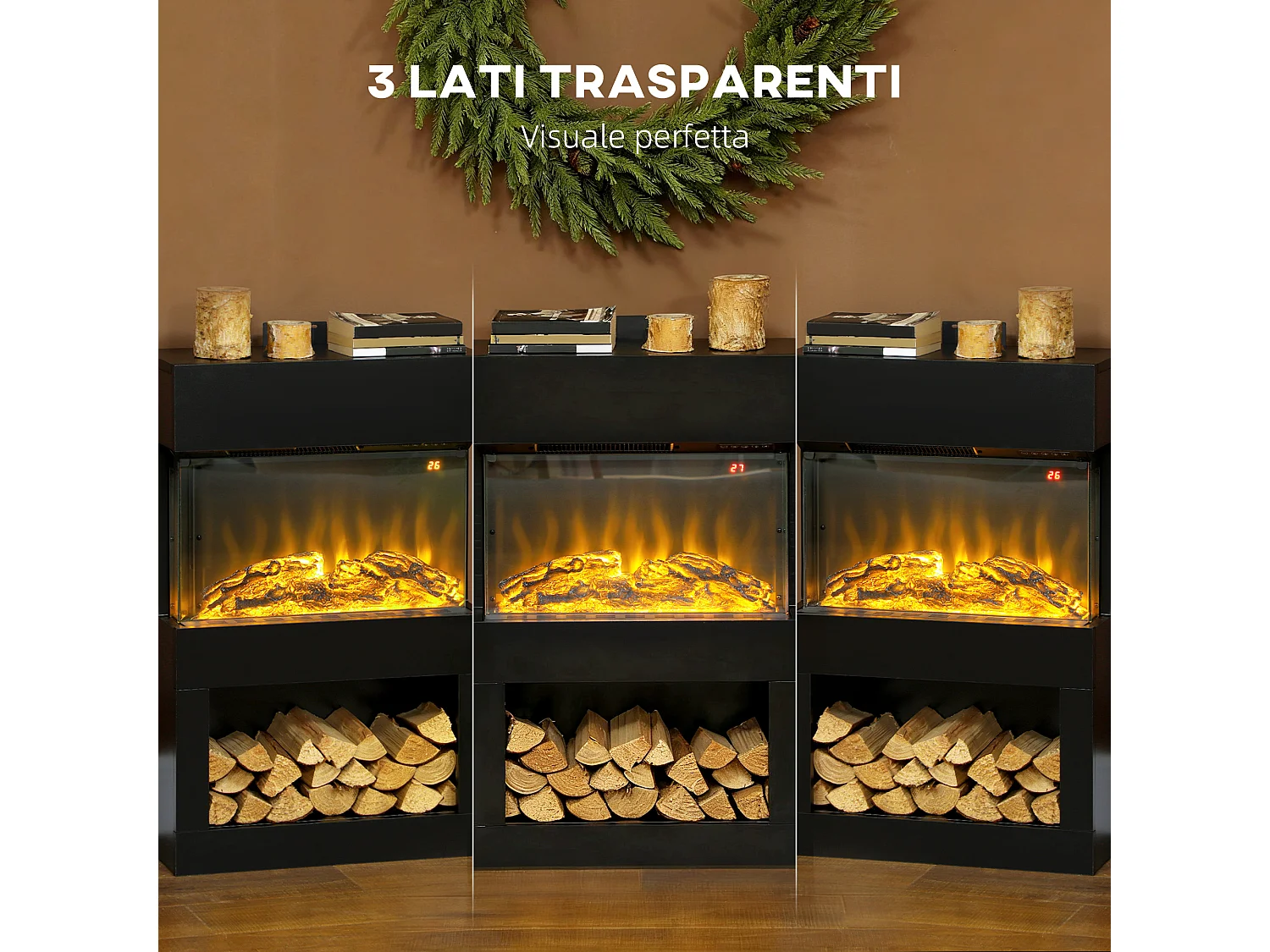 Camino elettrico con effetto fiamma colorata e telecomando nero