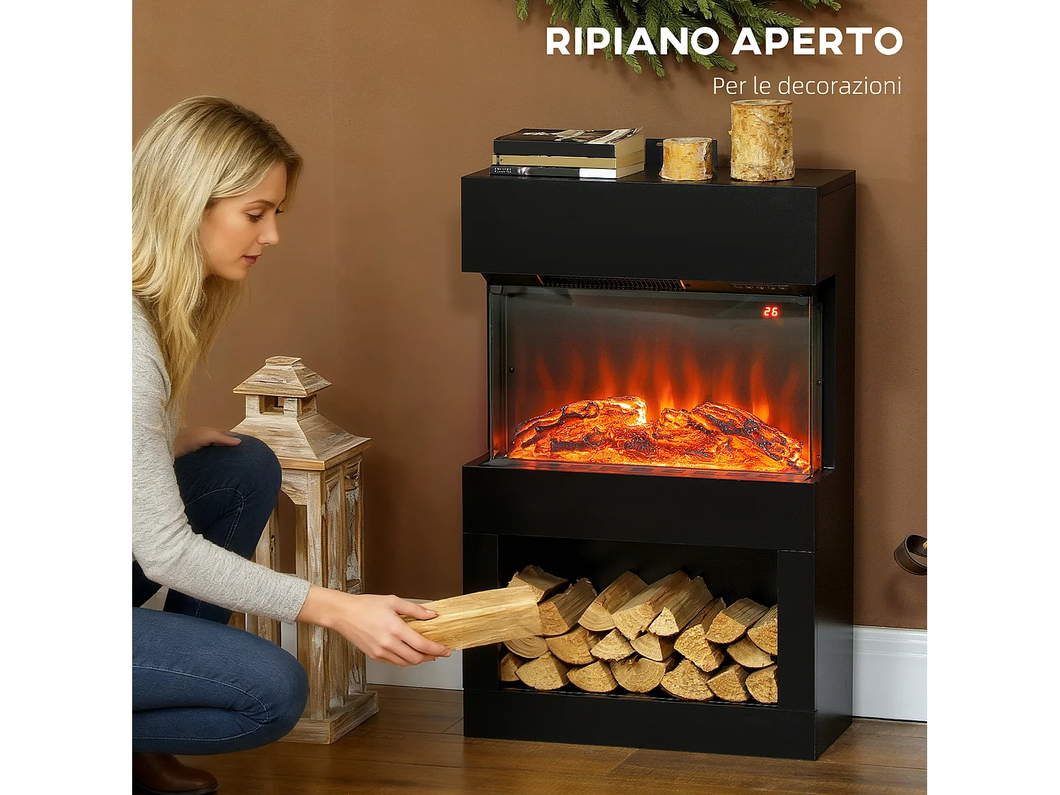 Camino elettrico con effetto fiamma colorata e telecomando nero