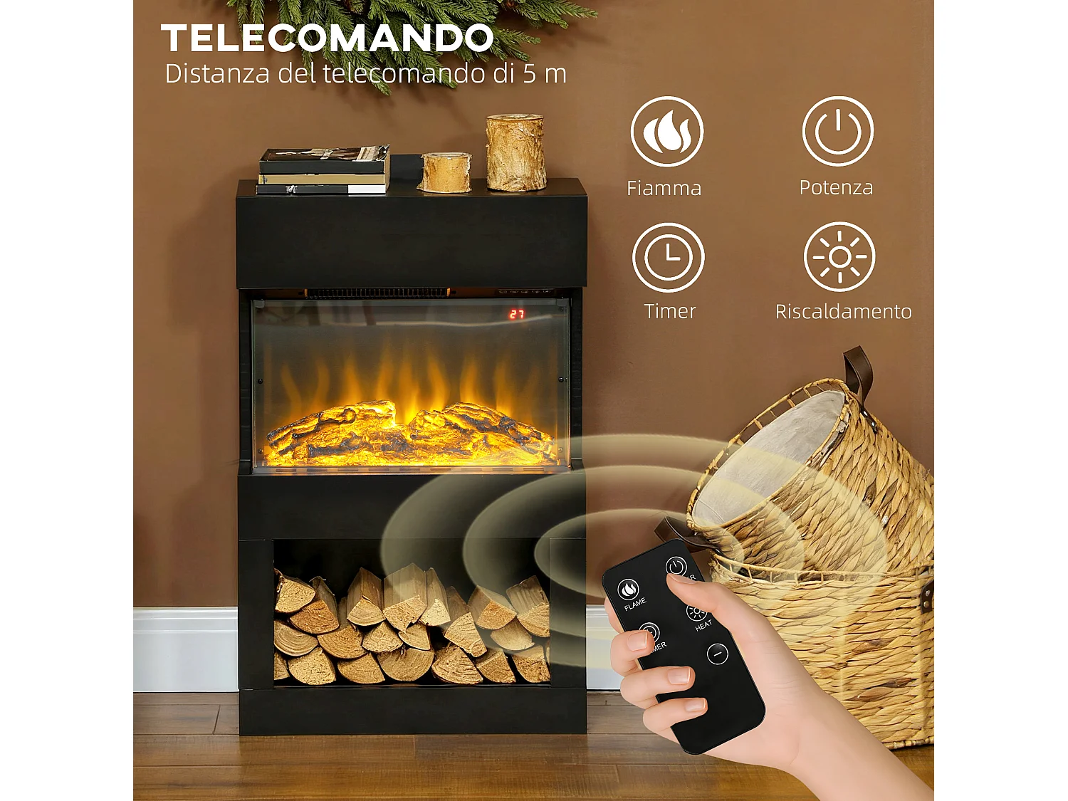 Camino elettrico con effetto fiamma colorata e telecomando nero