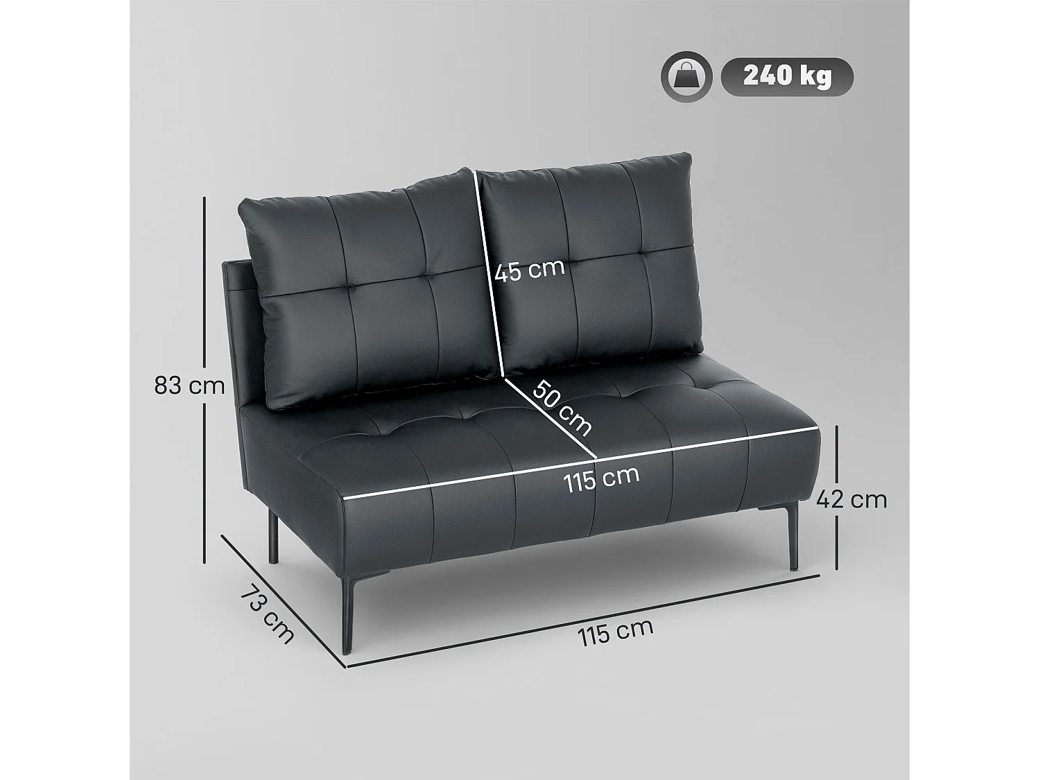 Divano 2 posti finta pelle senza braccioli trapuntato nero