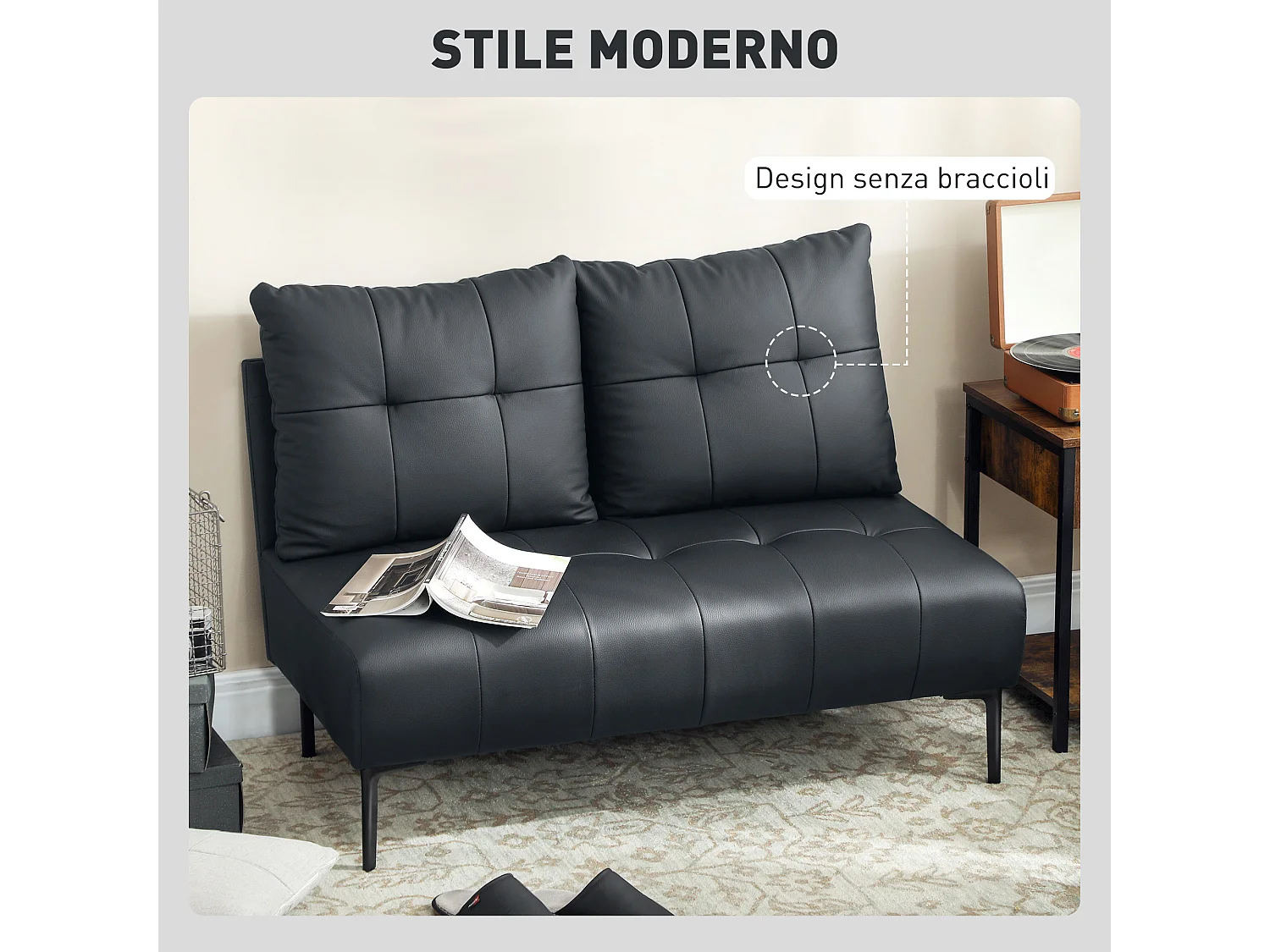 Divano 2 posti finta pelle senza braccioli trapuntato nero