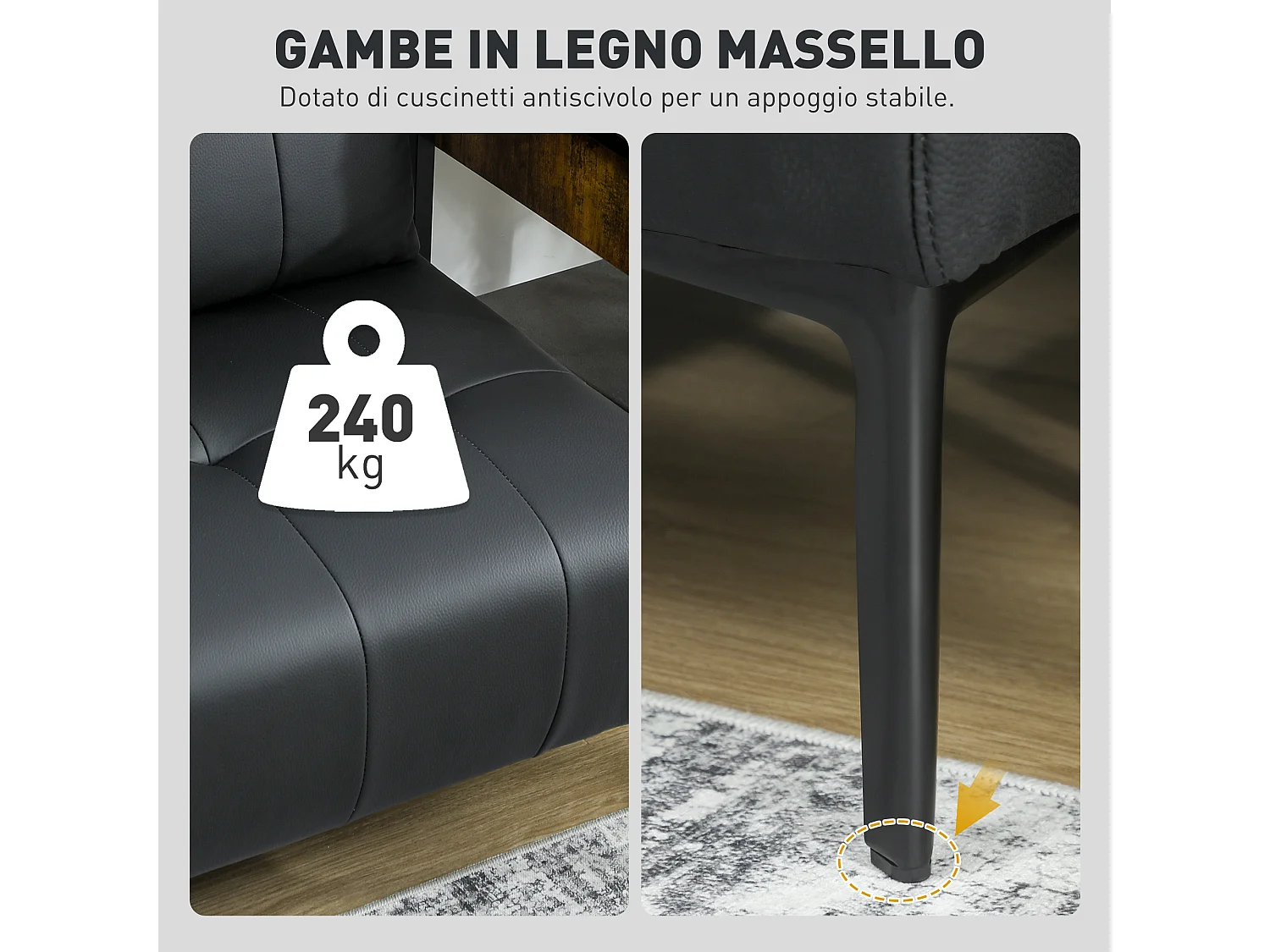 Divano 2 posti finta pelle senza braccioli trapuntato nero