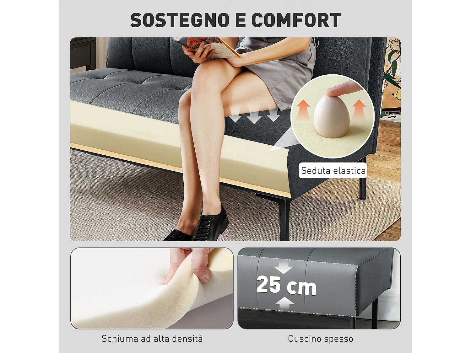 Divano 2 posti finta pelle senza braccioli trapuntato nero