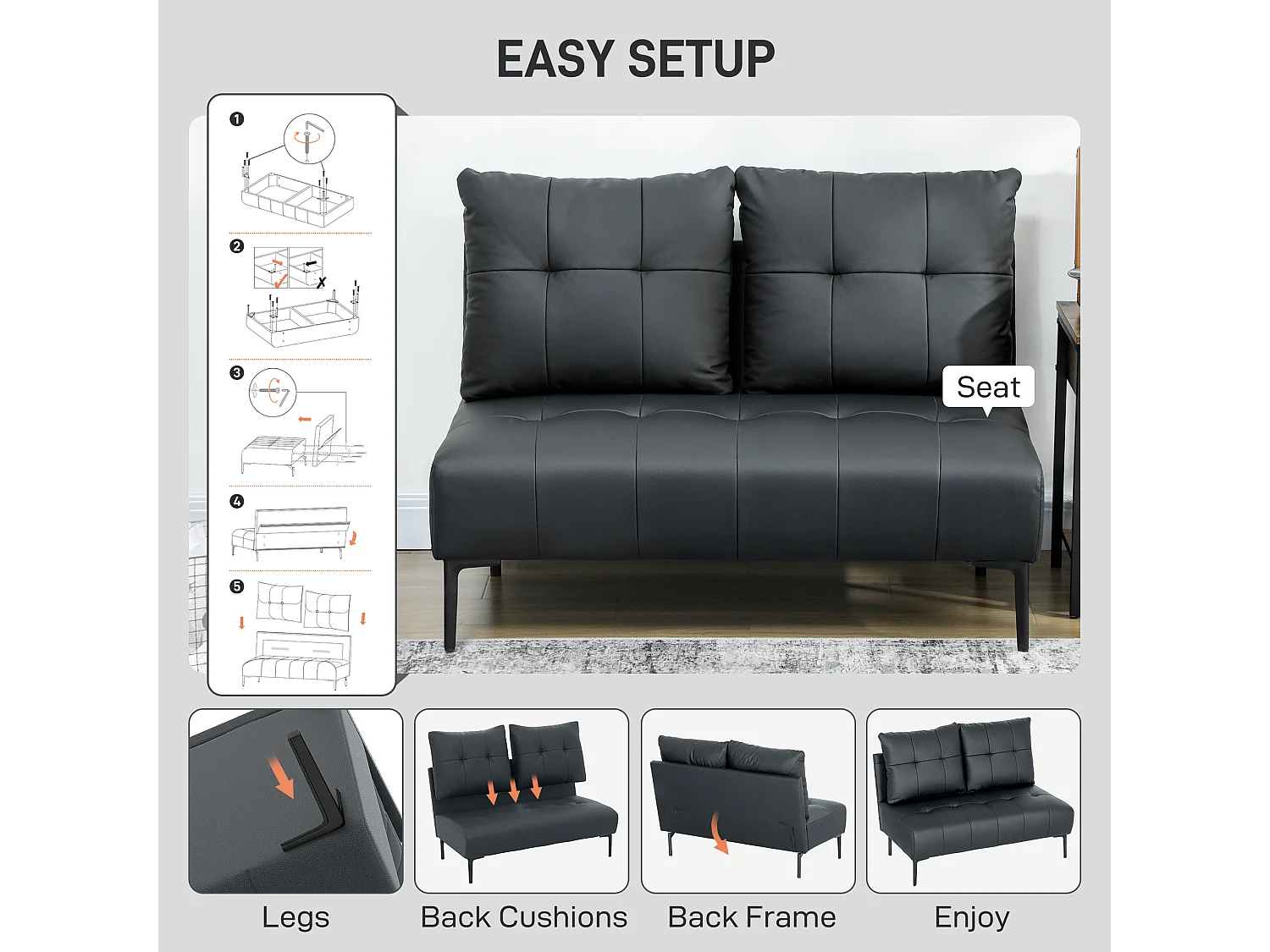 Divano 2 posti finta pelle senza braccioli trapuntato nero