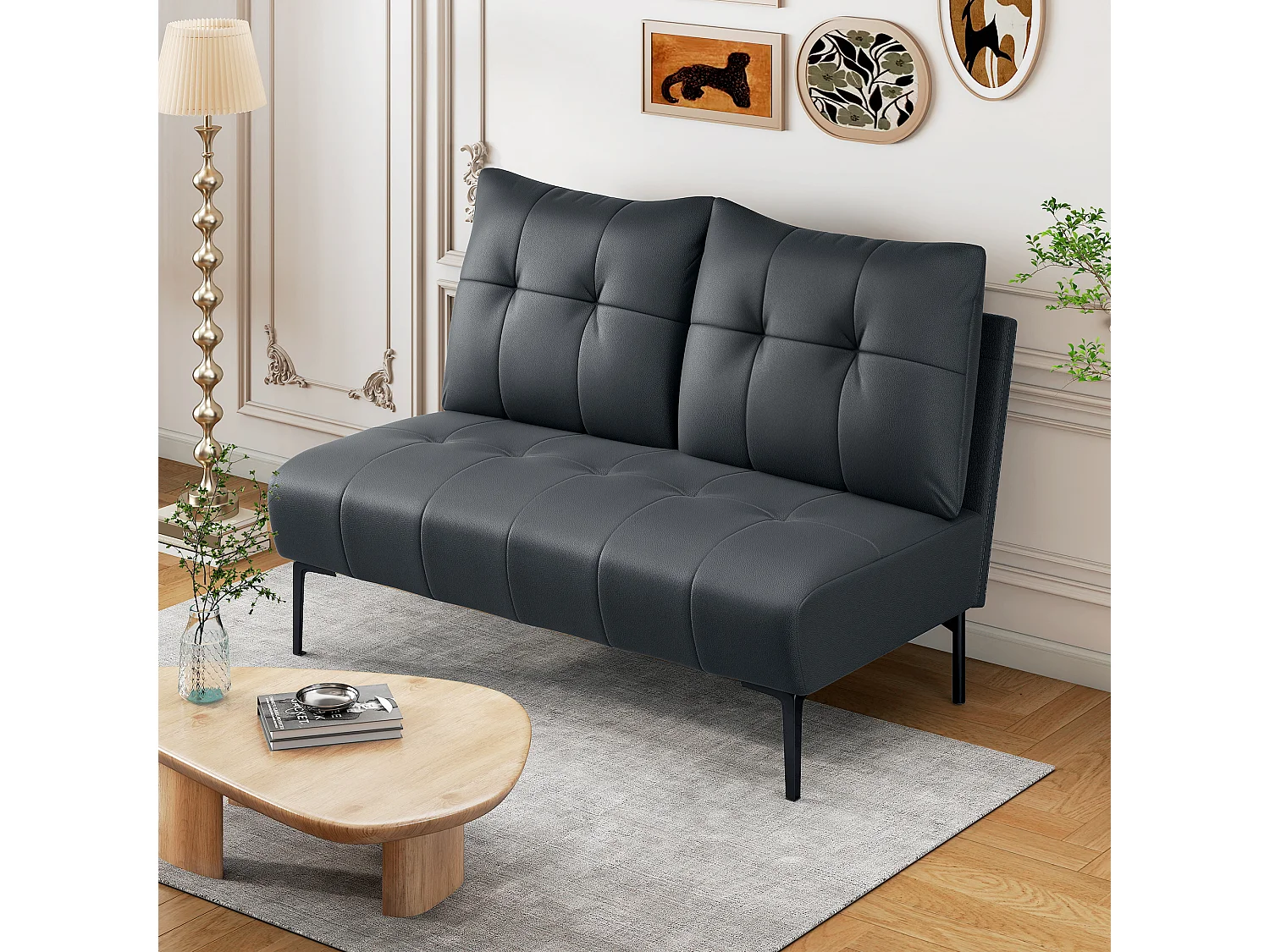 Divano 2 posti finta pelle senza braccioli trapuntato nero