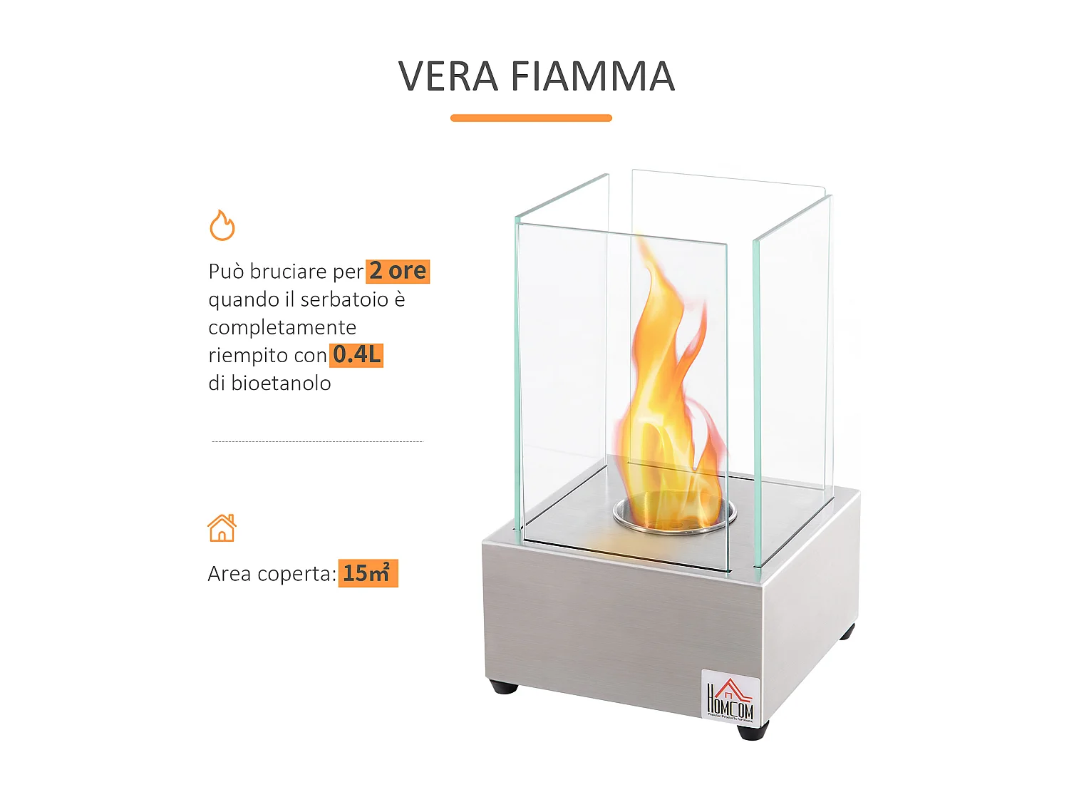 Camino a bioetanolo da tavolo acciaio e vetro bruciatore 0.4l