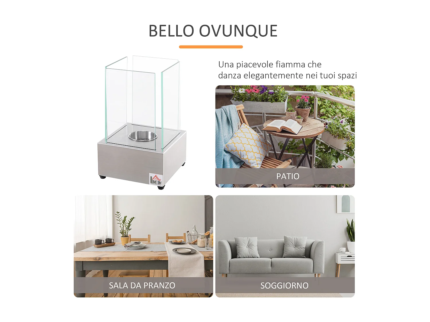 Camino a bioetanolo da tavolo acciaio e vetro bruciatore 0.4l