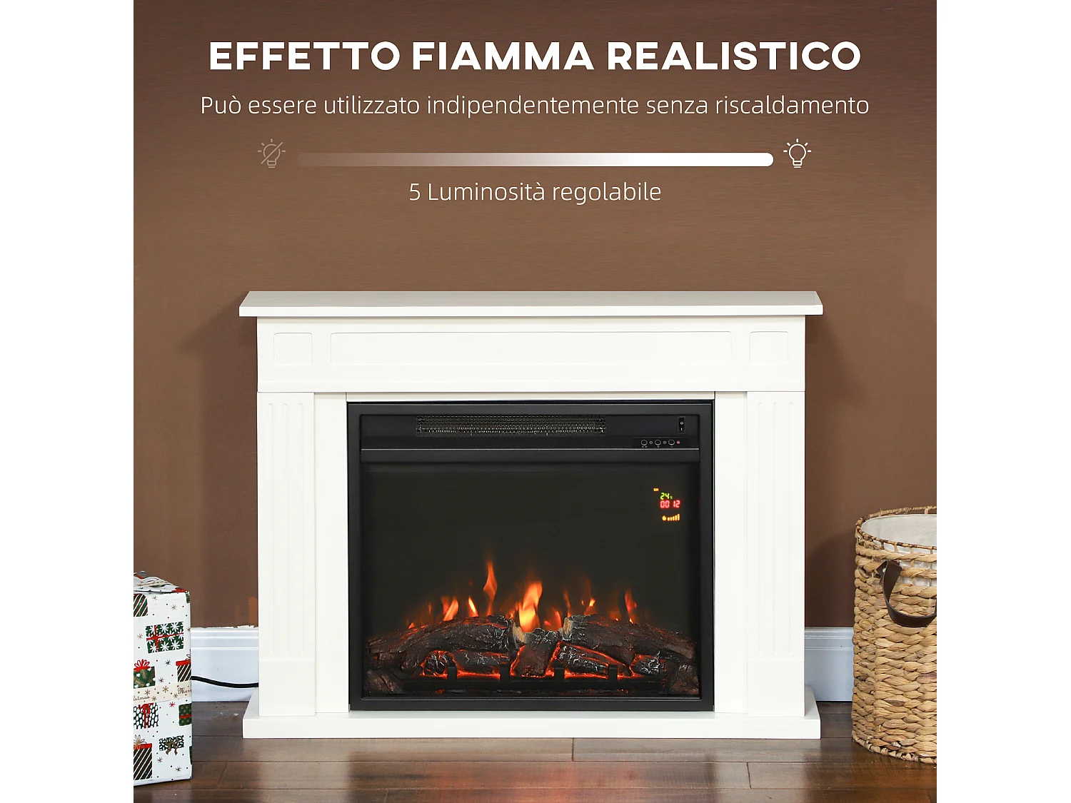 Camino elettrico con fiamma a 12 colori e 5 luminosità 98x23.5x69.5 cm