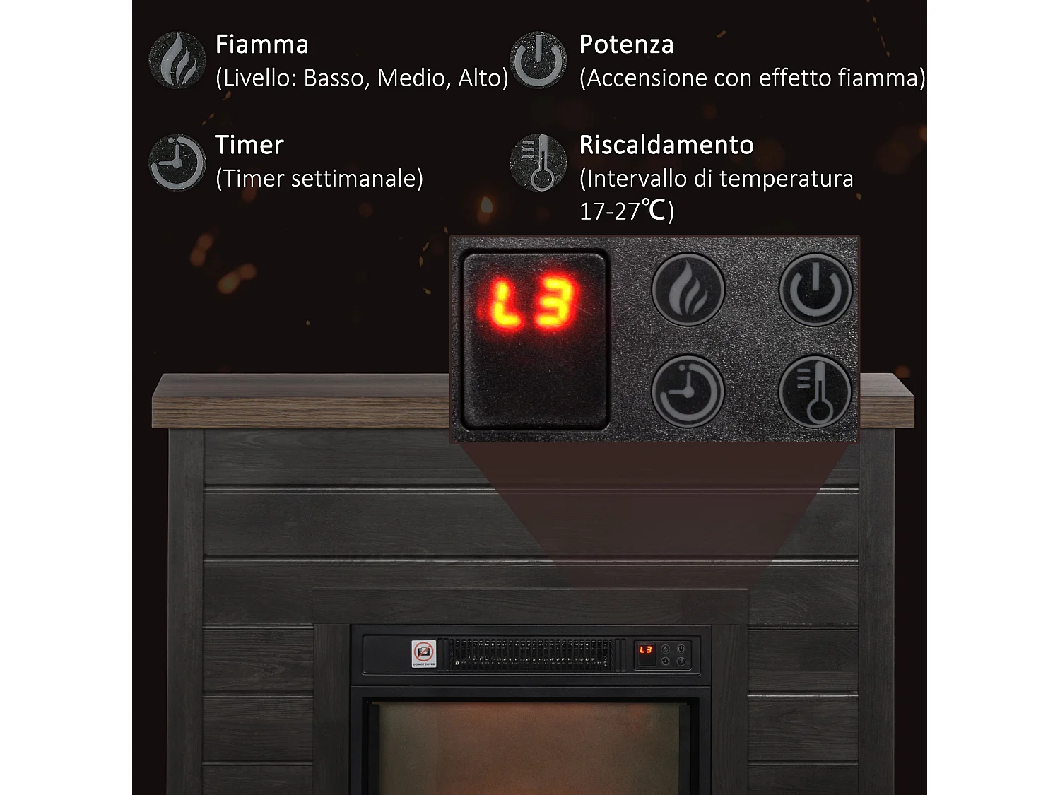 Camino elettrico 1800w con effetto fiamma a 3 intensità grigio scuro