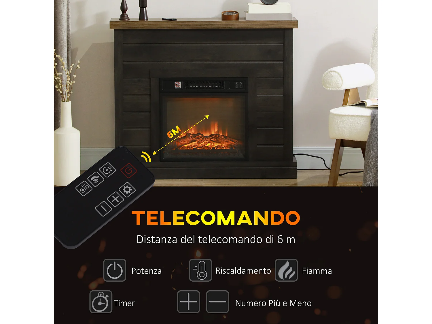 Camino elettrico 1800w con effetto fiamma a 3 intensità grigio scuro