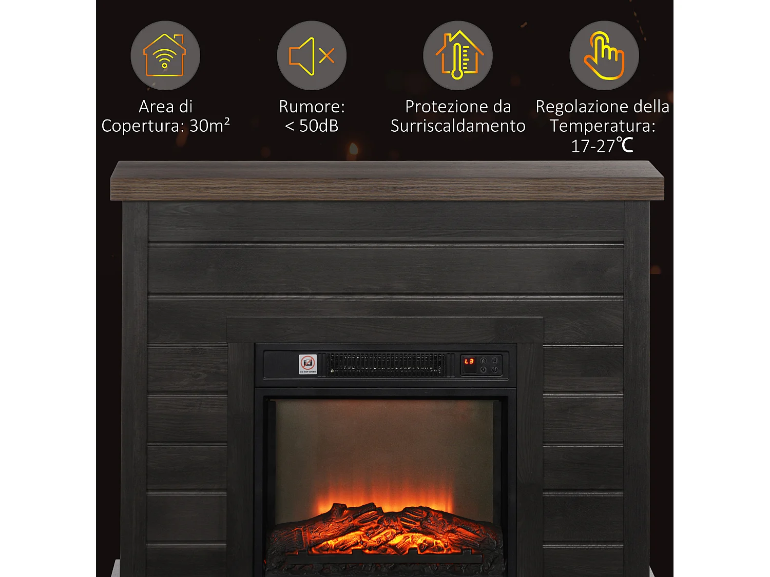 Camino elettrico 1800w con effetto fiamma a 3 intensità grigio scuro