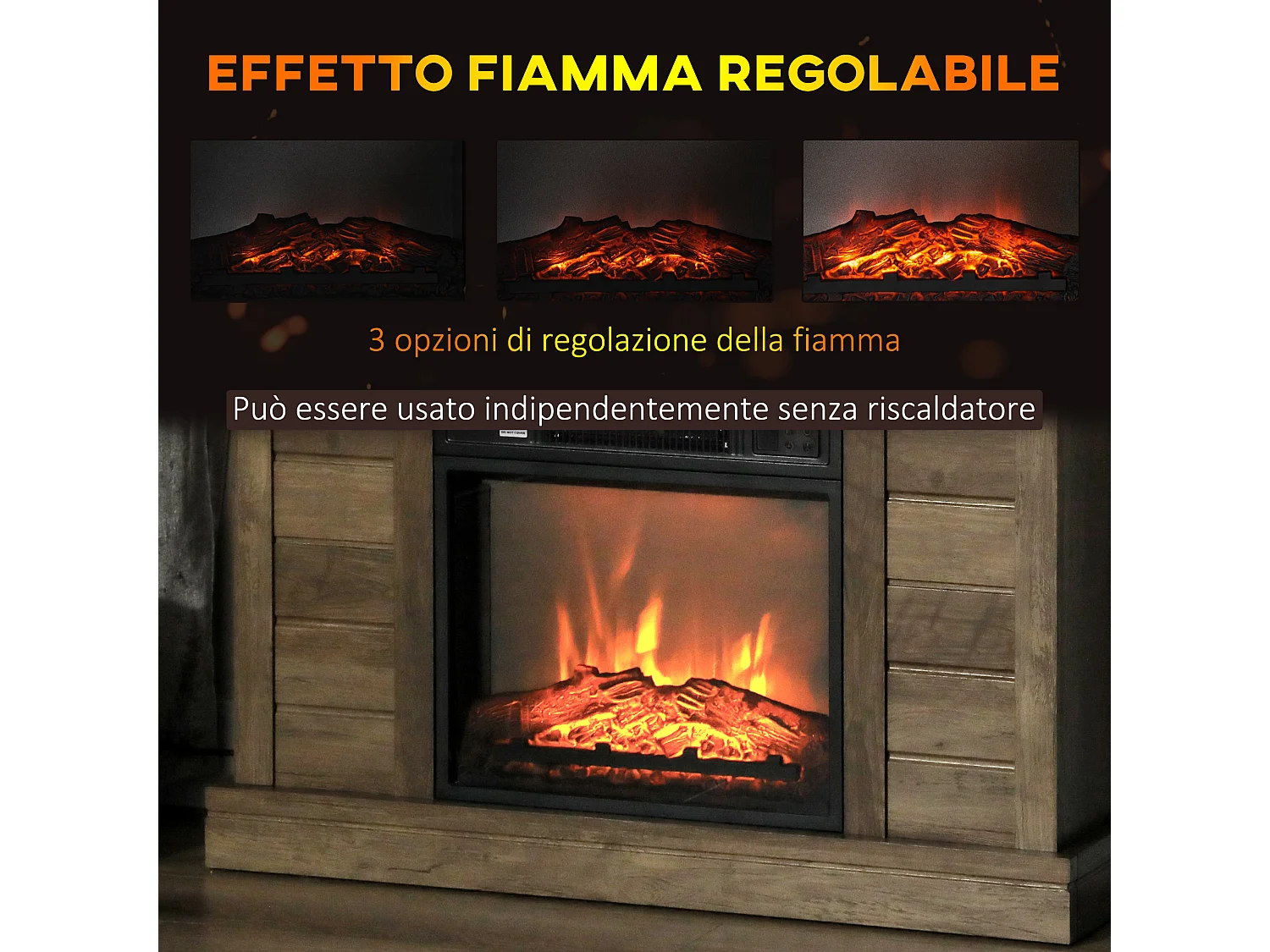 Camino elettrico 1800w con effetto fiamma a 3 intensità color legno