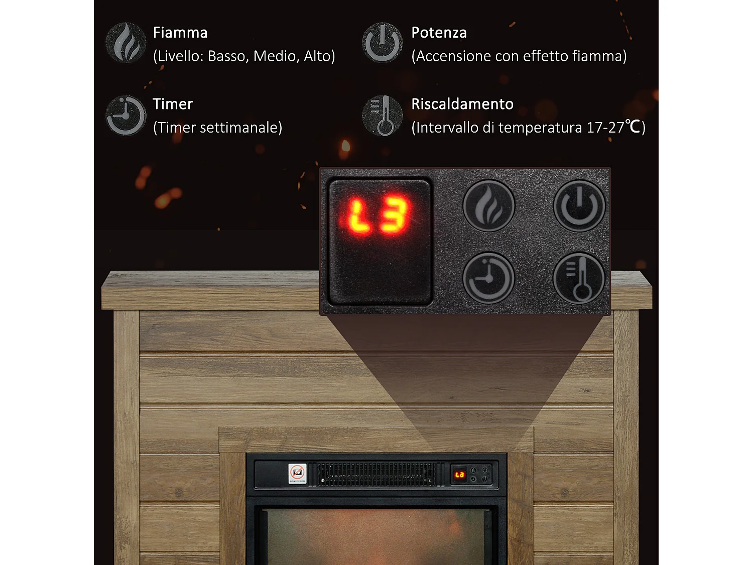 Camino elettrico 1800w con effetto fiamma a 3 intensità color legno