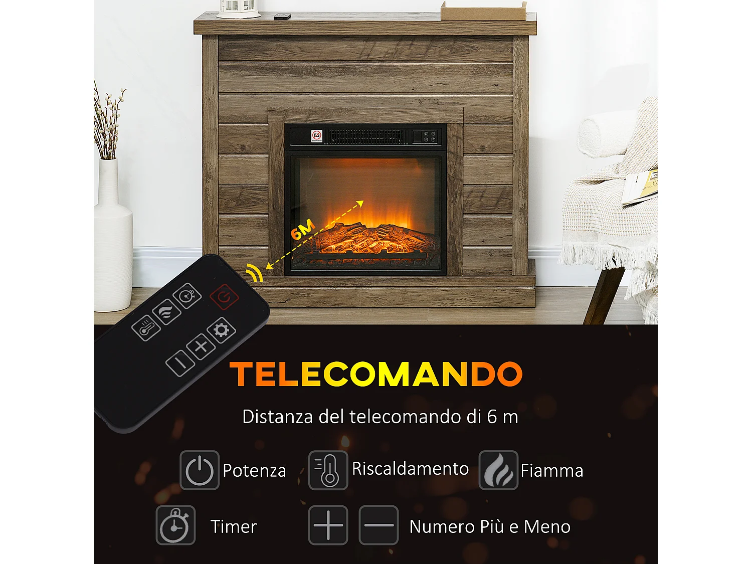Camino elettrico 1800w con effetto fiamma a 3 intensità color legno
