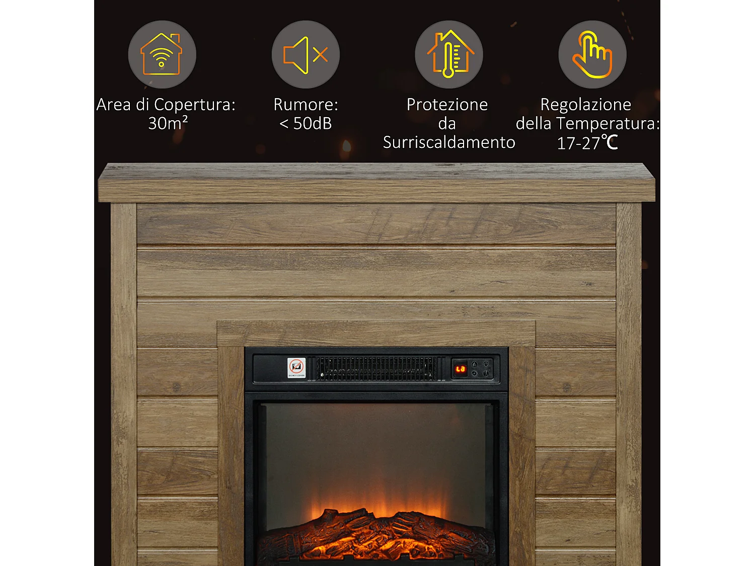 Camino elettrico 1800w con effetto fiamma a 3 intensità color legno