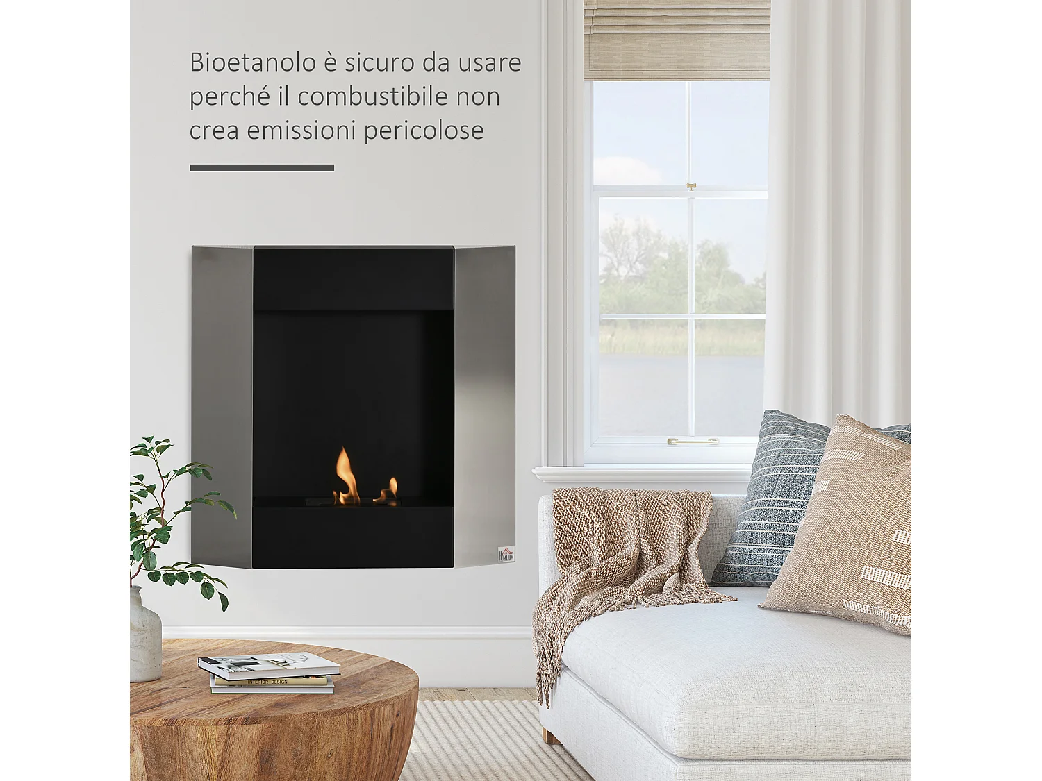 Biocamino da parete con serbatoio da 0.7l area riscaldata 20m²