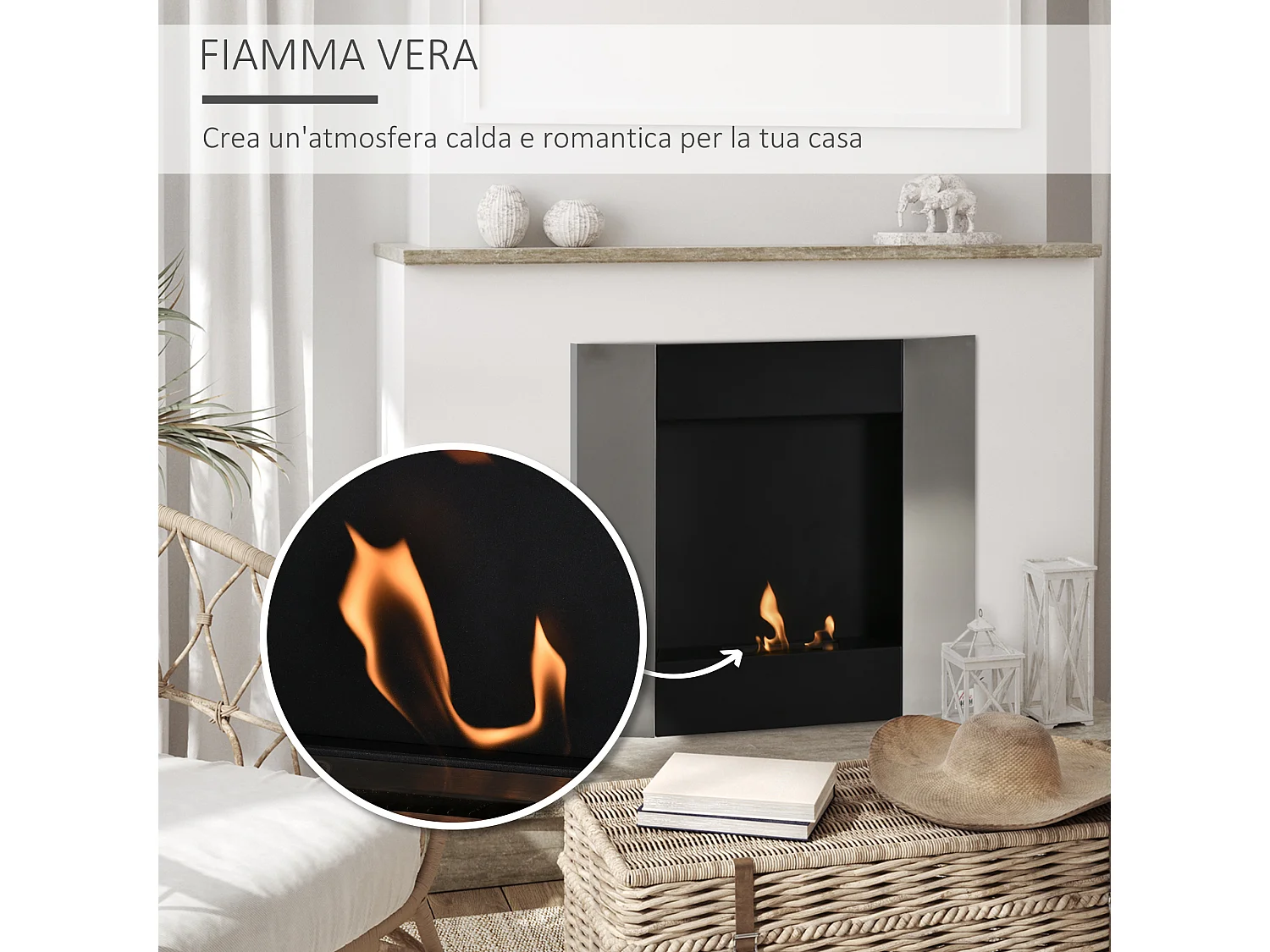 Biocamino da parete con serbatoio da 0.7l area riscaldata 20m²