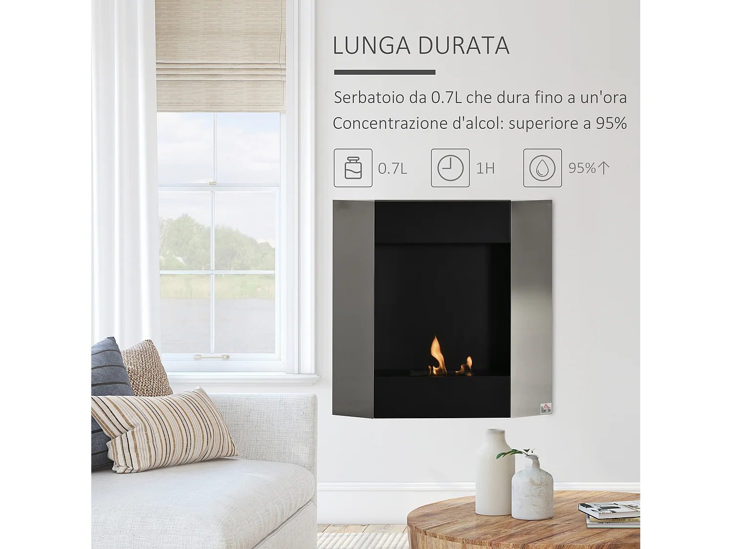 Biocamino da parete con serbatoio da 0.7l area riscaldata 20m²