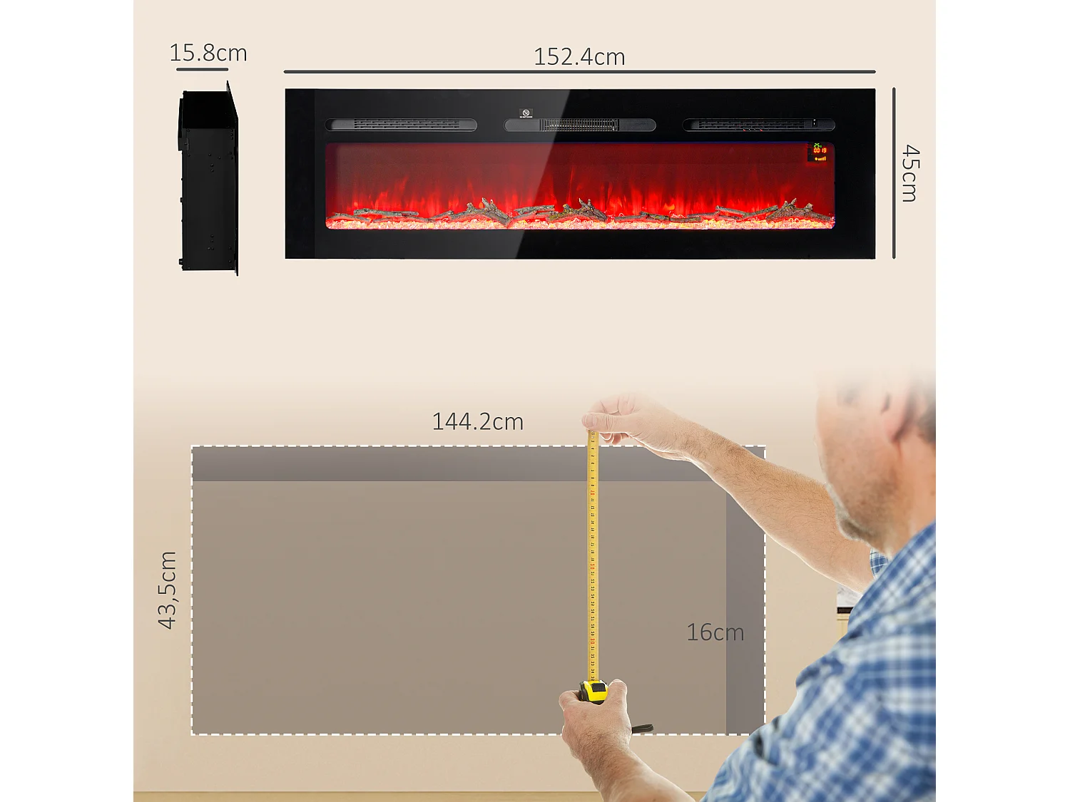Camino elettrico 1800W a incasso con telecomando 152.4x15.8x45 cm nero