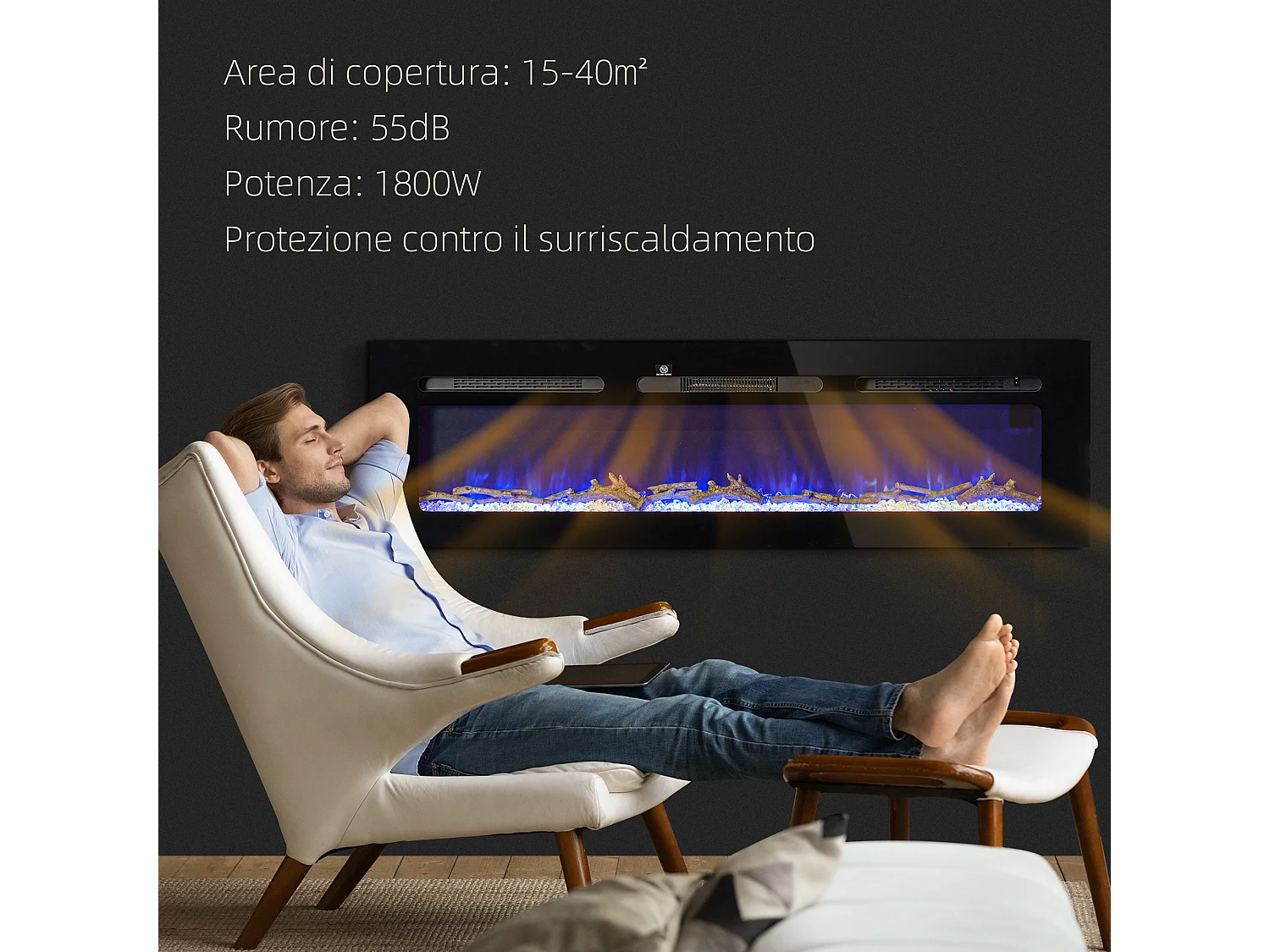 Camino elettrico 1800W a incasso con telecomando 152.4x15.8x45 cm nero