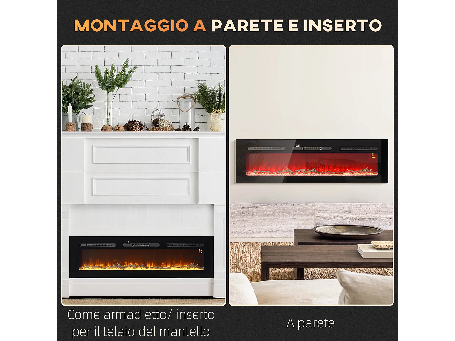 Camino elettrico 1800W a incasso con telecomando 152.4x15.8x45 cm nero