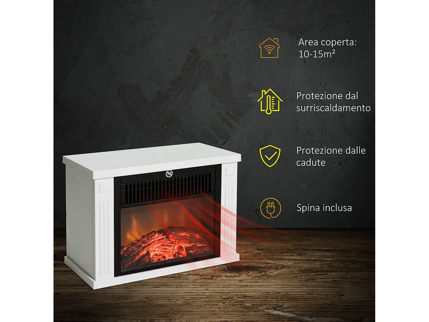 Camino elettrico da terra con effetto fiamma bianco