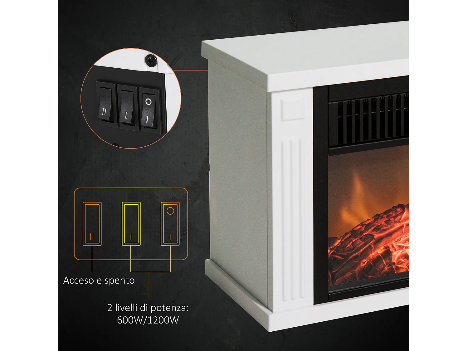 Camino elettrico da terra con effetto fiamma bianco