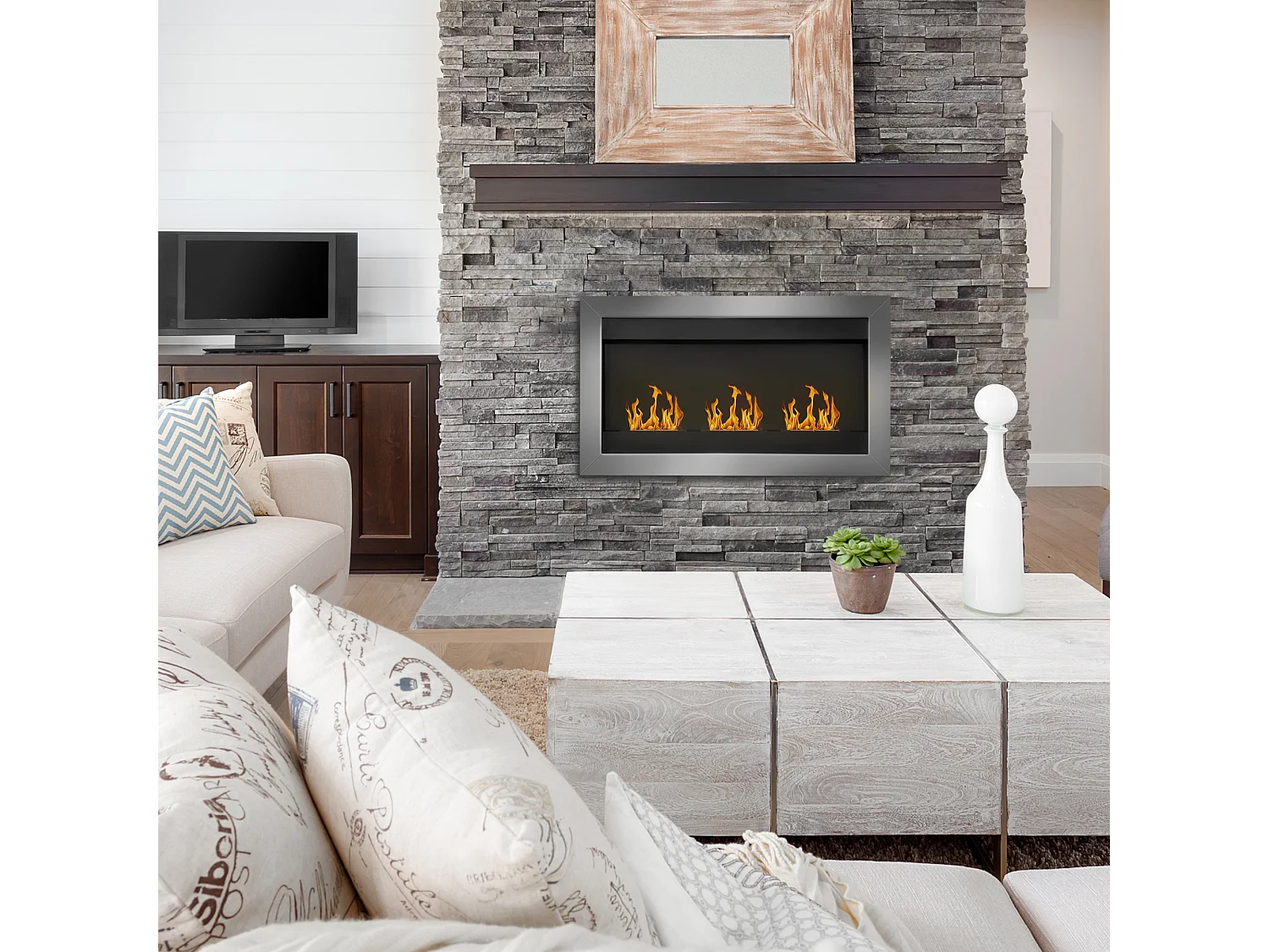 Camino a bioetanolo da parete in acciaio inox con 3 bruciatori