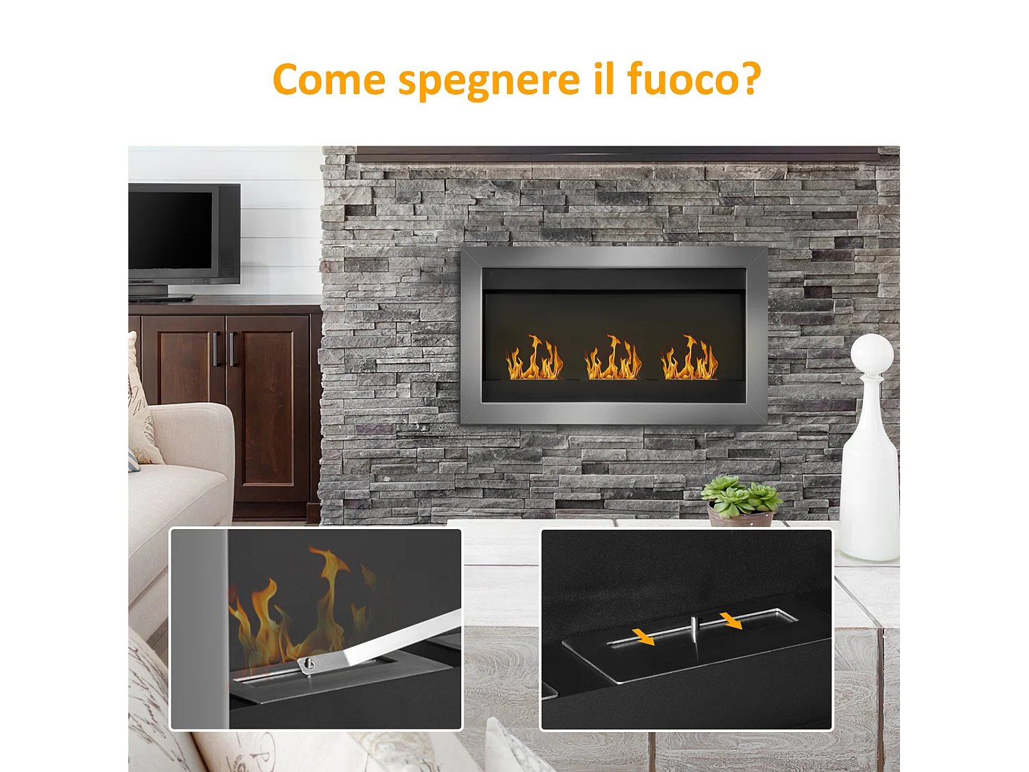 Camino a bioetanolo da parete in acciaio inox con 3 bruciatori