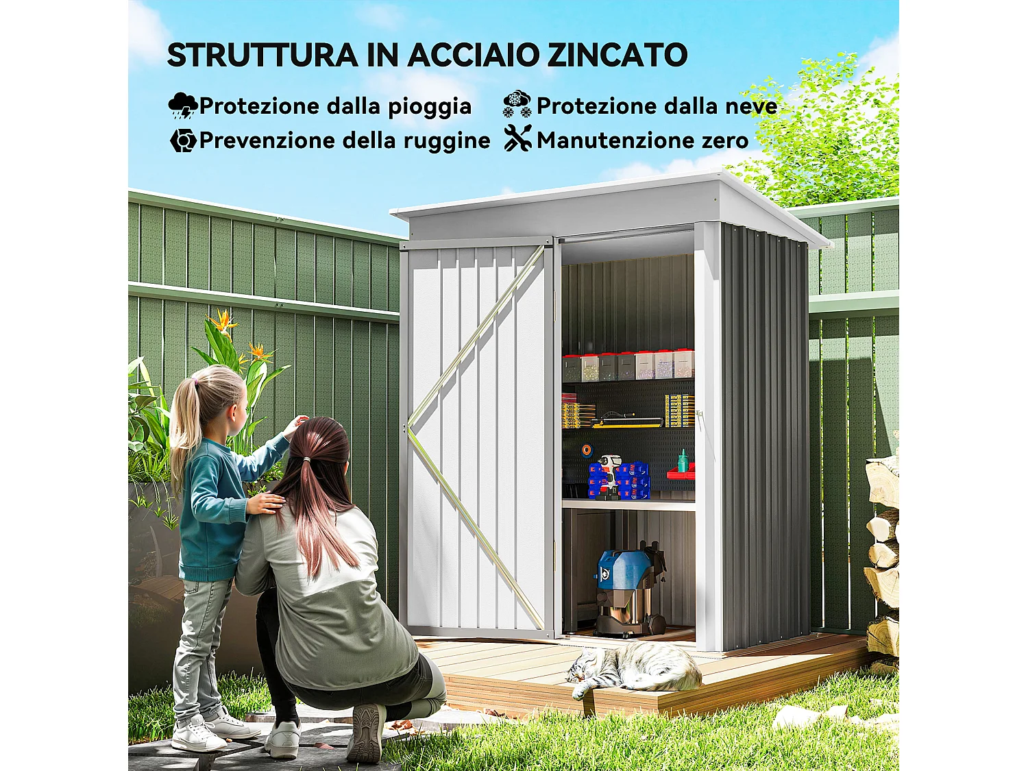 Casetta da giardino con base in acciaio e 2 ripiani regolabili