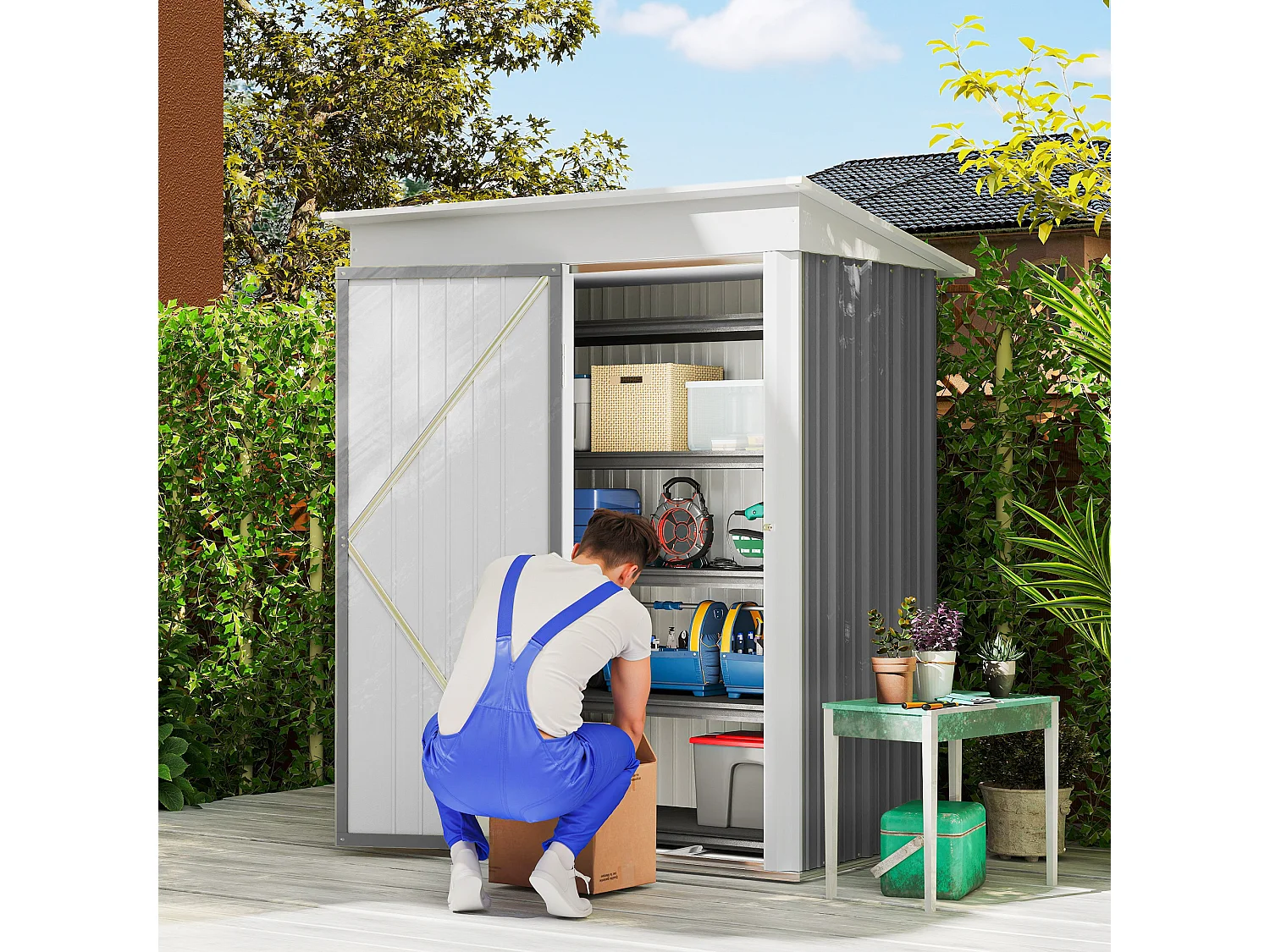 Casetta da giardino con base in acciaio e 2 ripiani regolabili