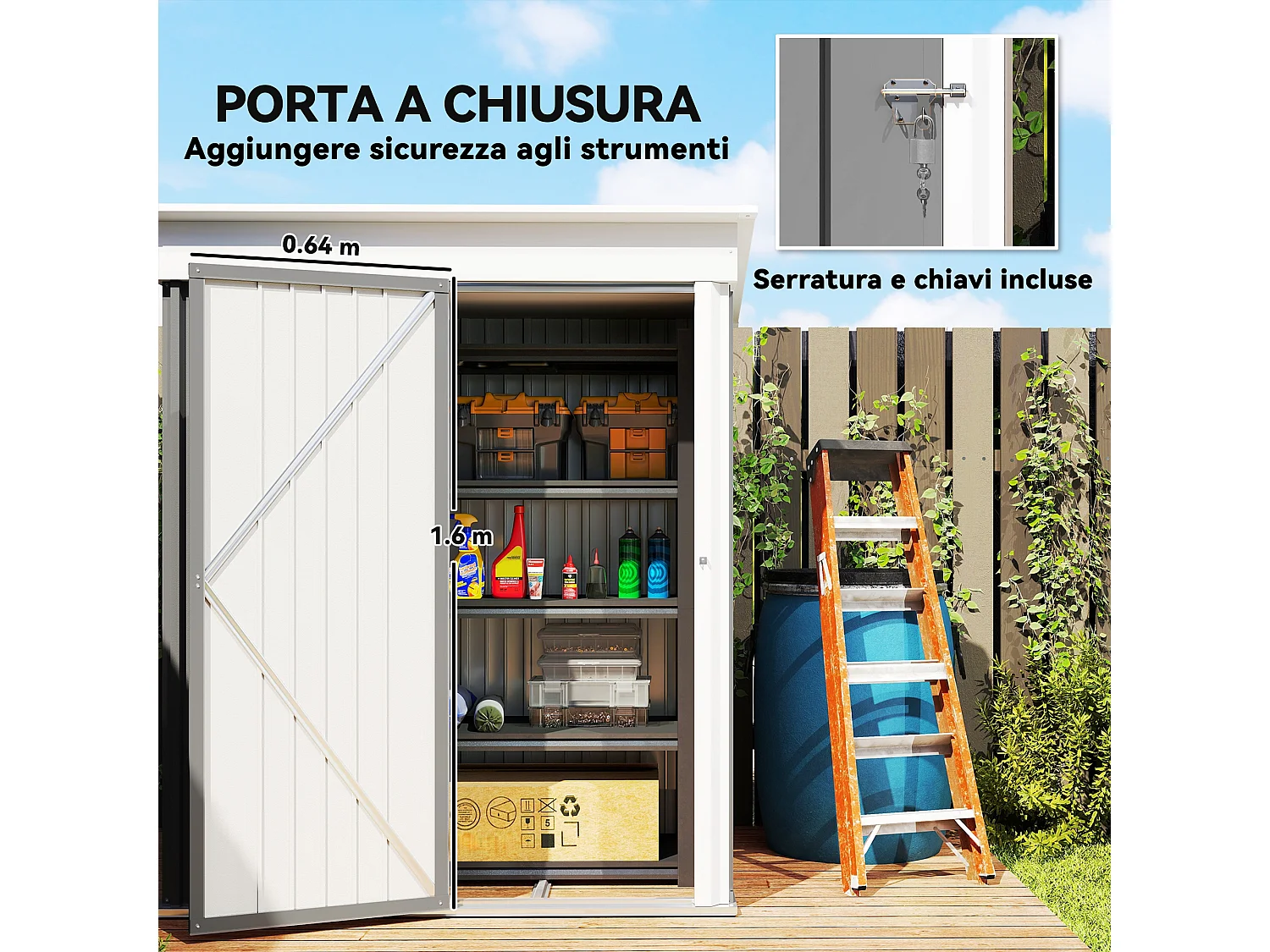 Casetta da giardino con base in acciaio e 2 ripiani regolabili