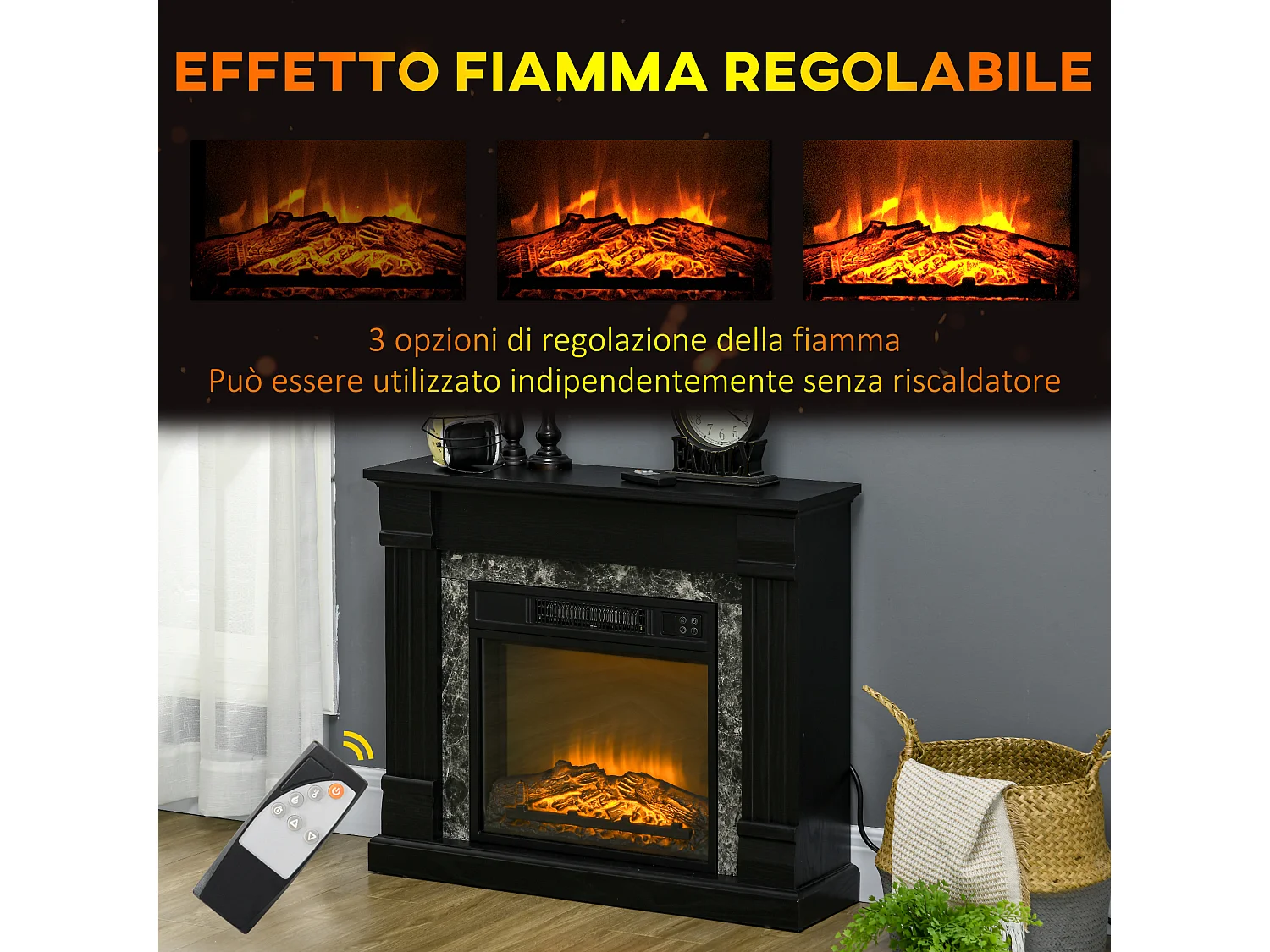 Camino elettrico da incasso con fiamma realistica e timer nero