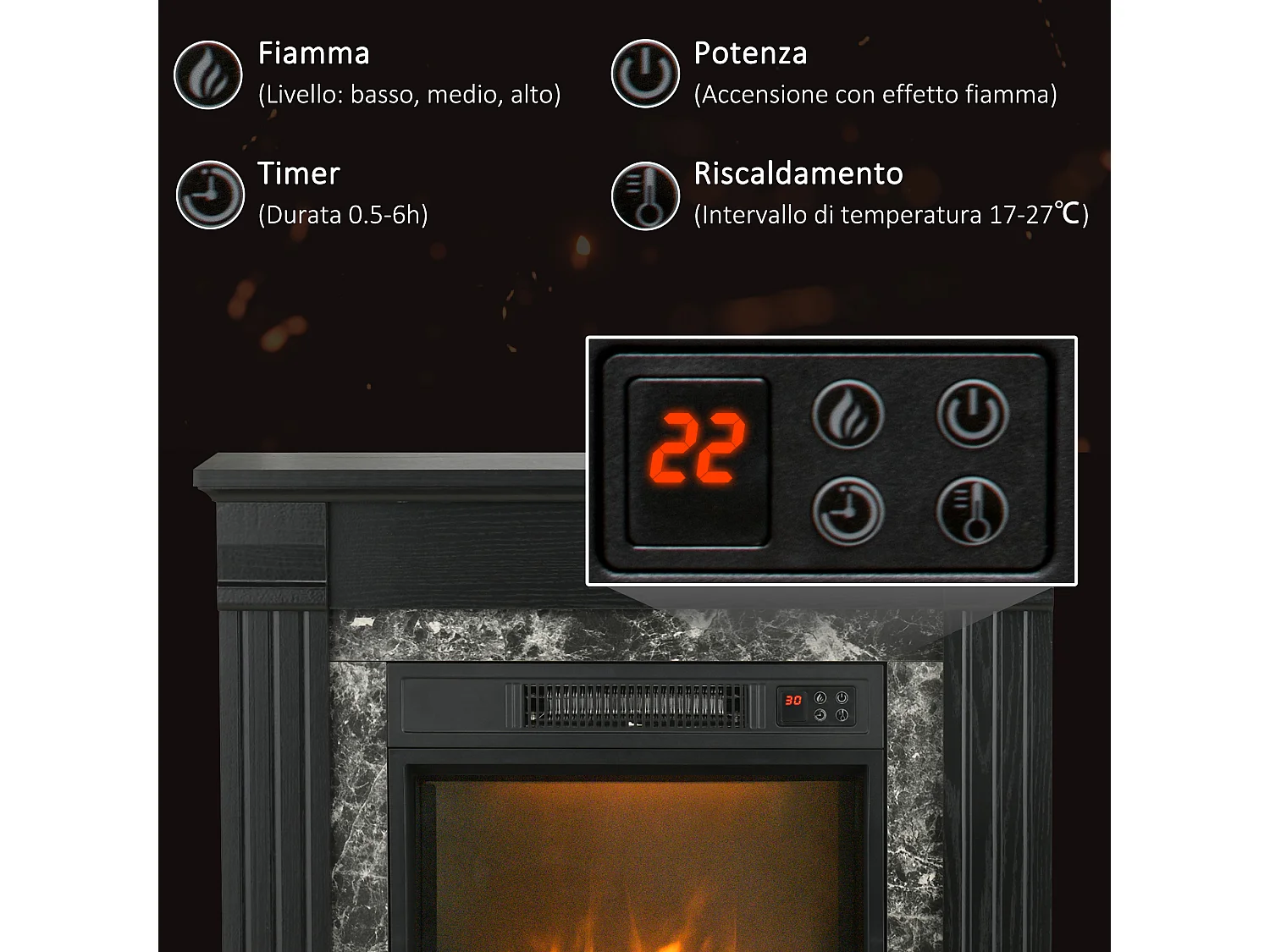 Camino elettrico da incasso con fiamma realistica e timer nero