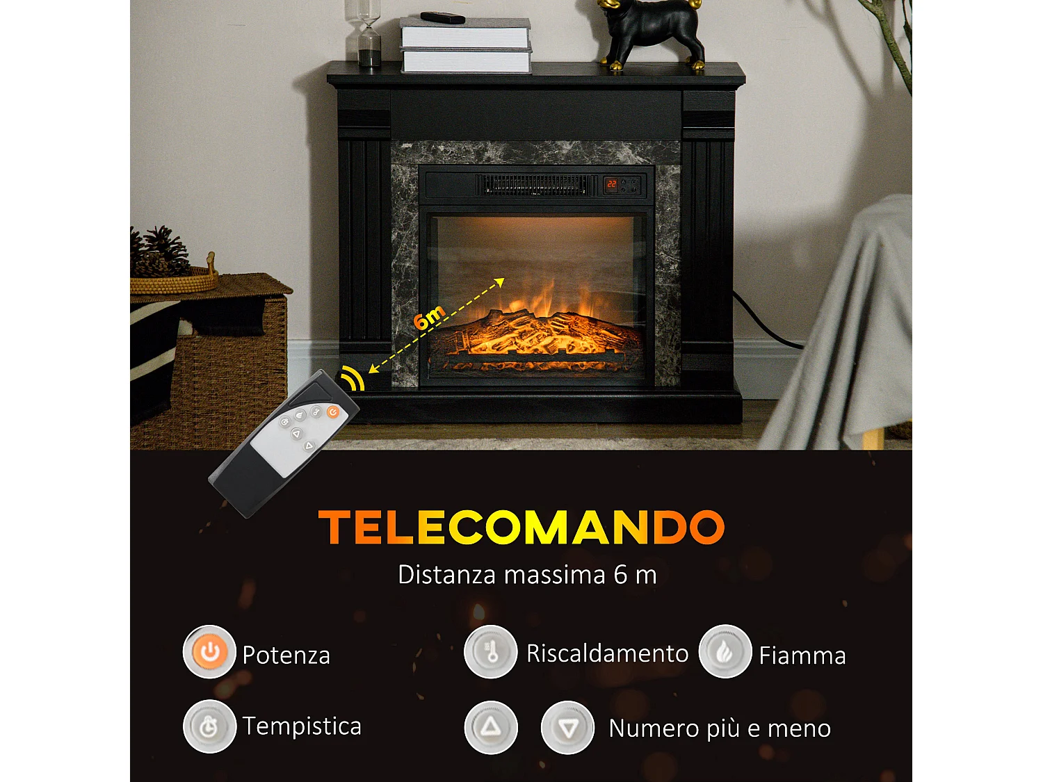 Camino elettrico da incasso con fiamma realistica e timer nero