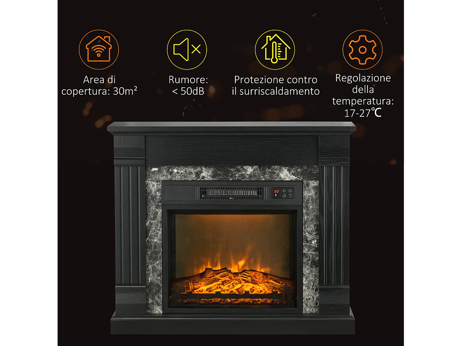 Camino elettrico da incasso con fiamma realistica e timer nero