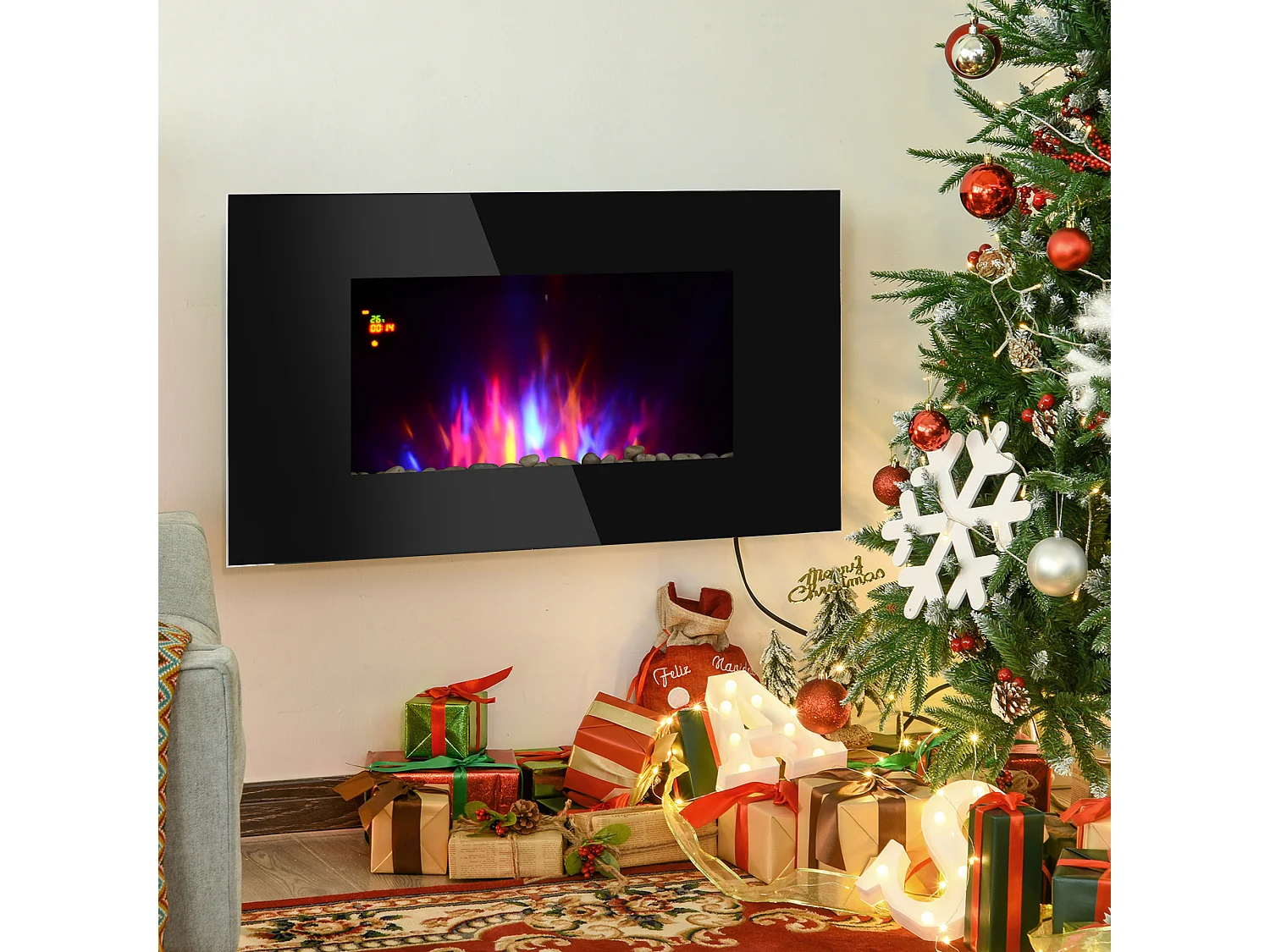 Camino elettrico da parete 1000W/2000W effetto fiamma 7 colori