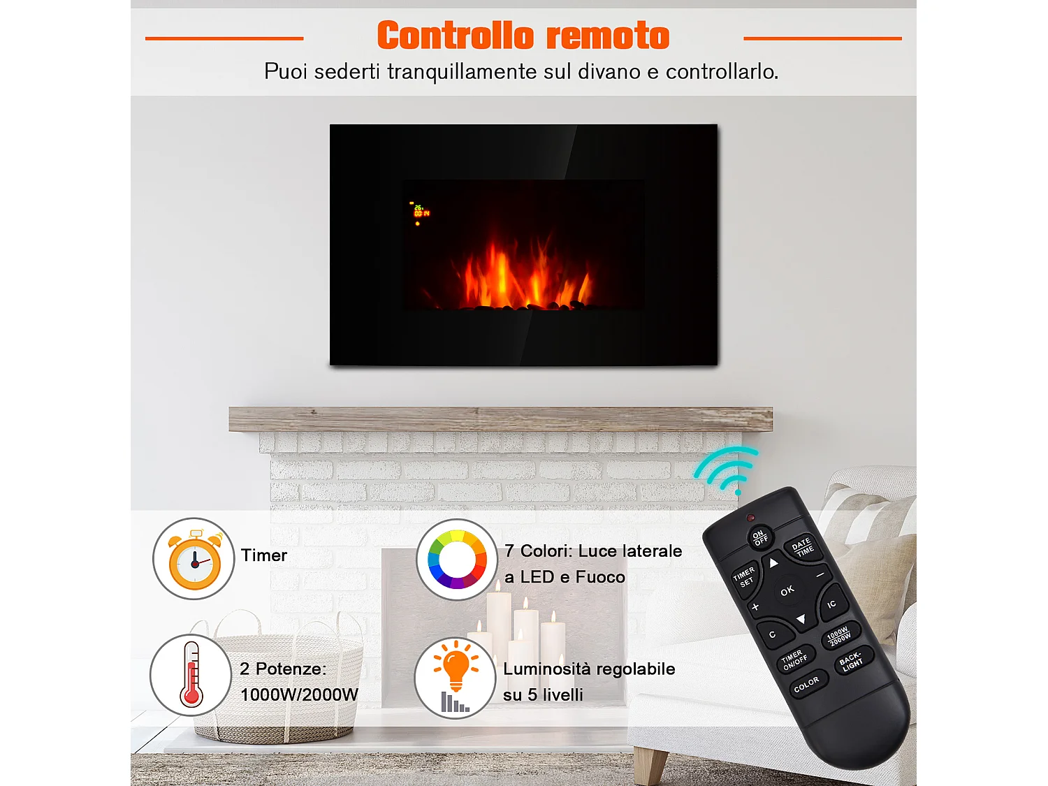 Camino elettrico da parete 1000W/2000W effetto fiamma 7 colori