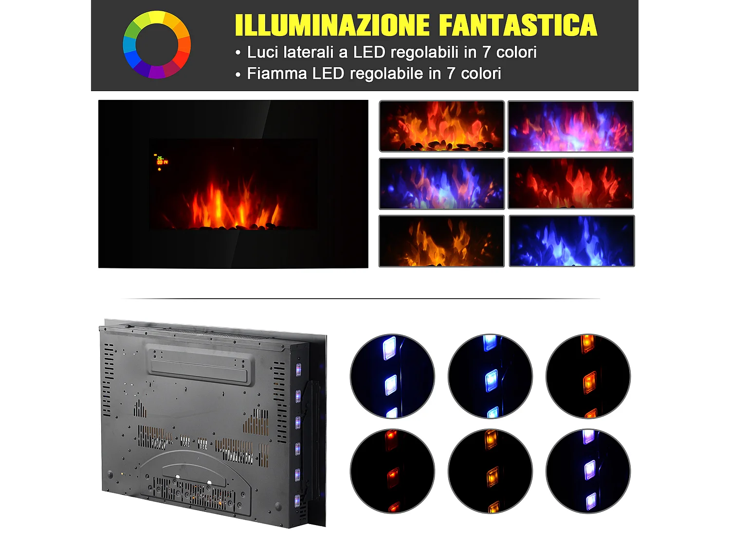 Camino elettrico da parete 1000W/2000W effetto fiamma 7 colori