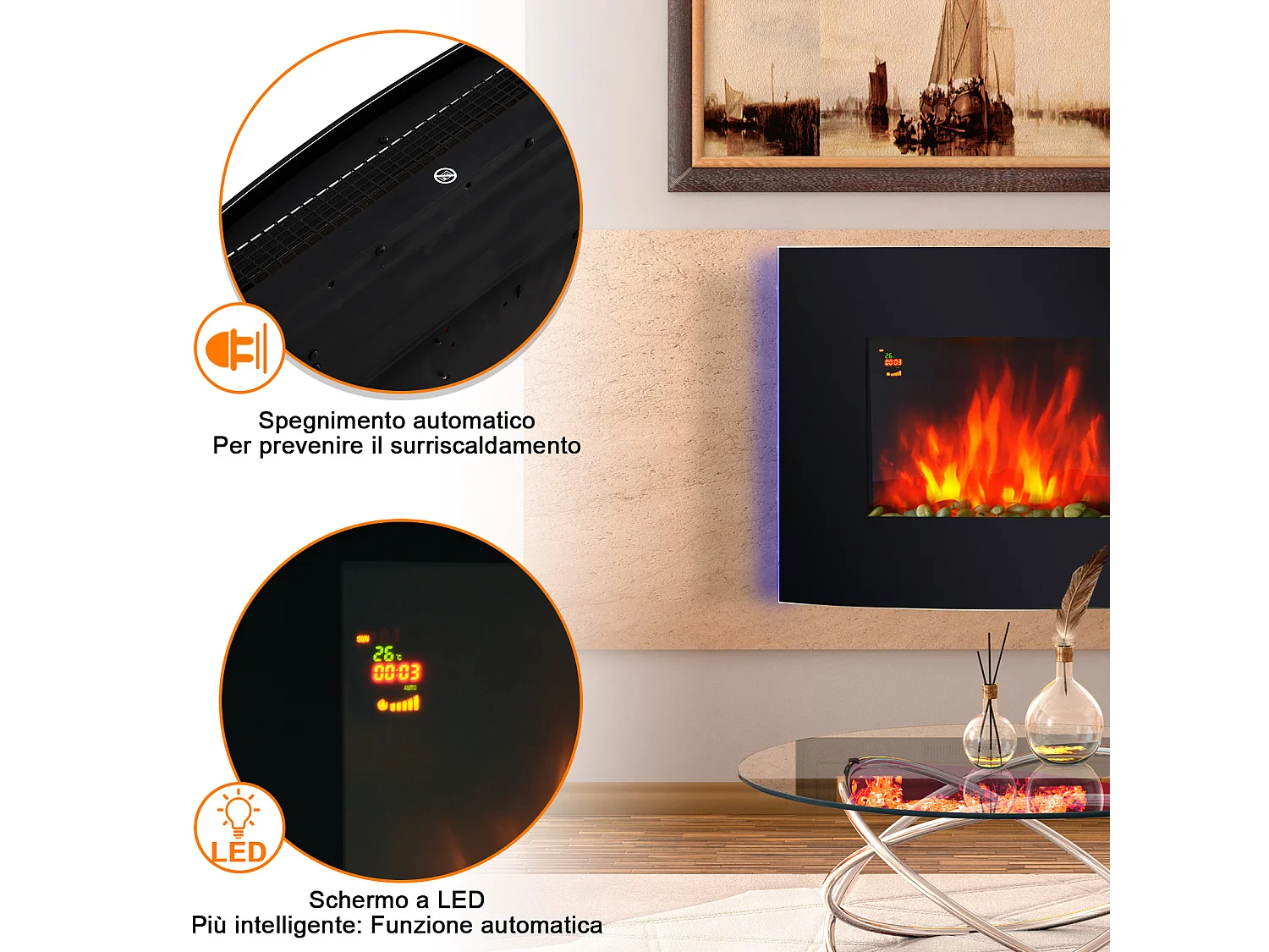 Camino elettrico da parete 1000W/2000W effetto fiamma 7 colori