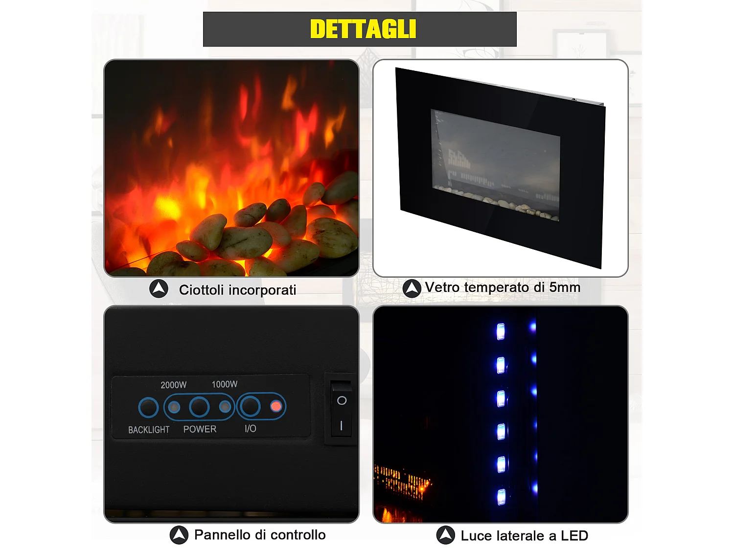 Camino elettrico da parete 1000W/2000W effetto fiamma 7 colori